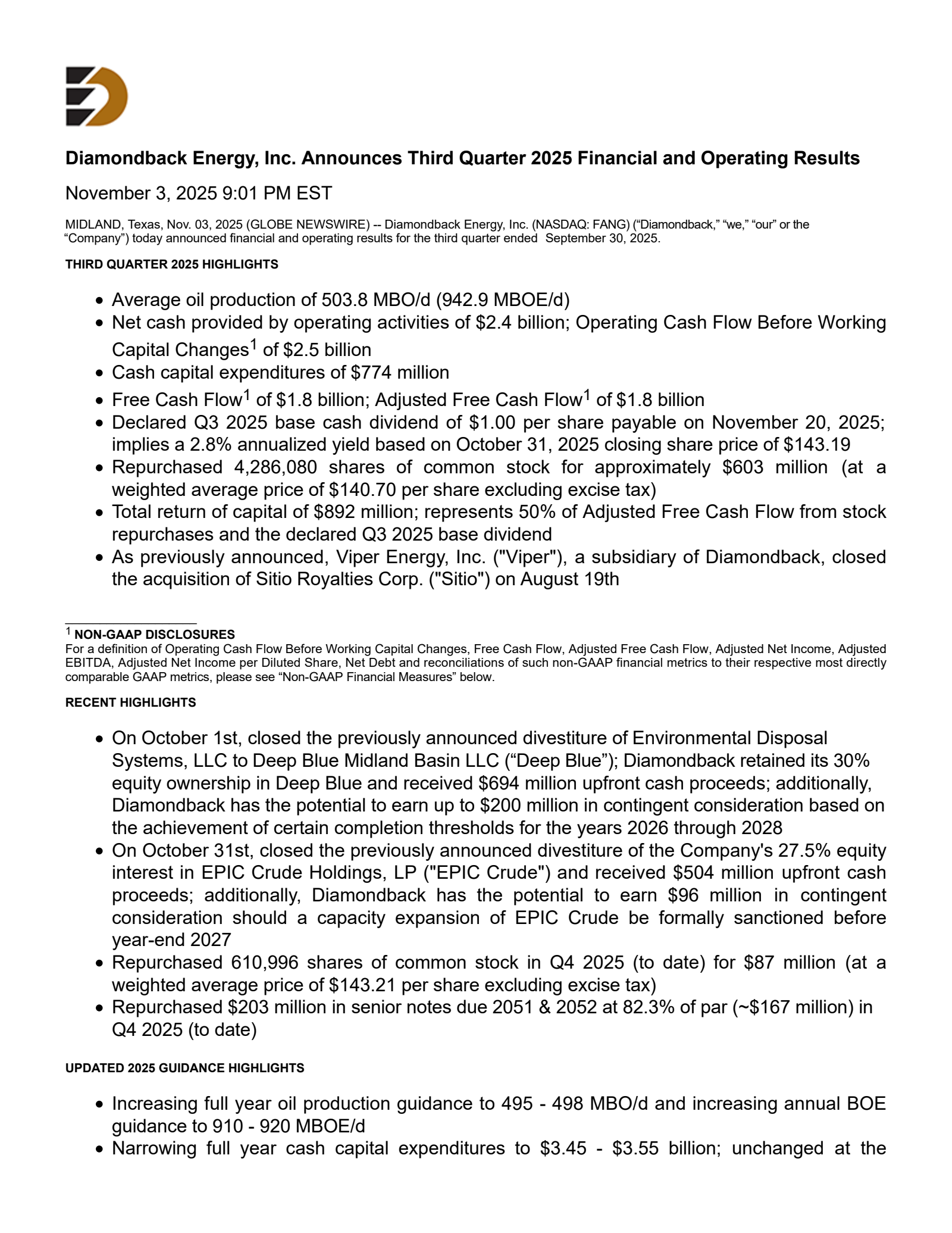 Diamondback Energy's Q3 2025 Earnings Release