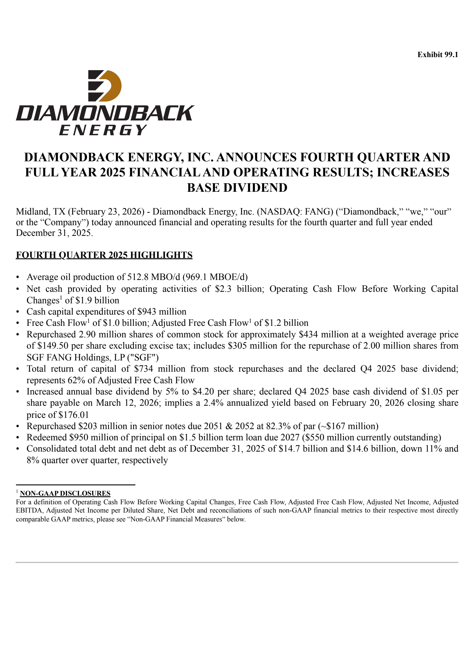 Diamondback Energy's Q4 2025 Press Release