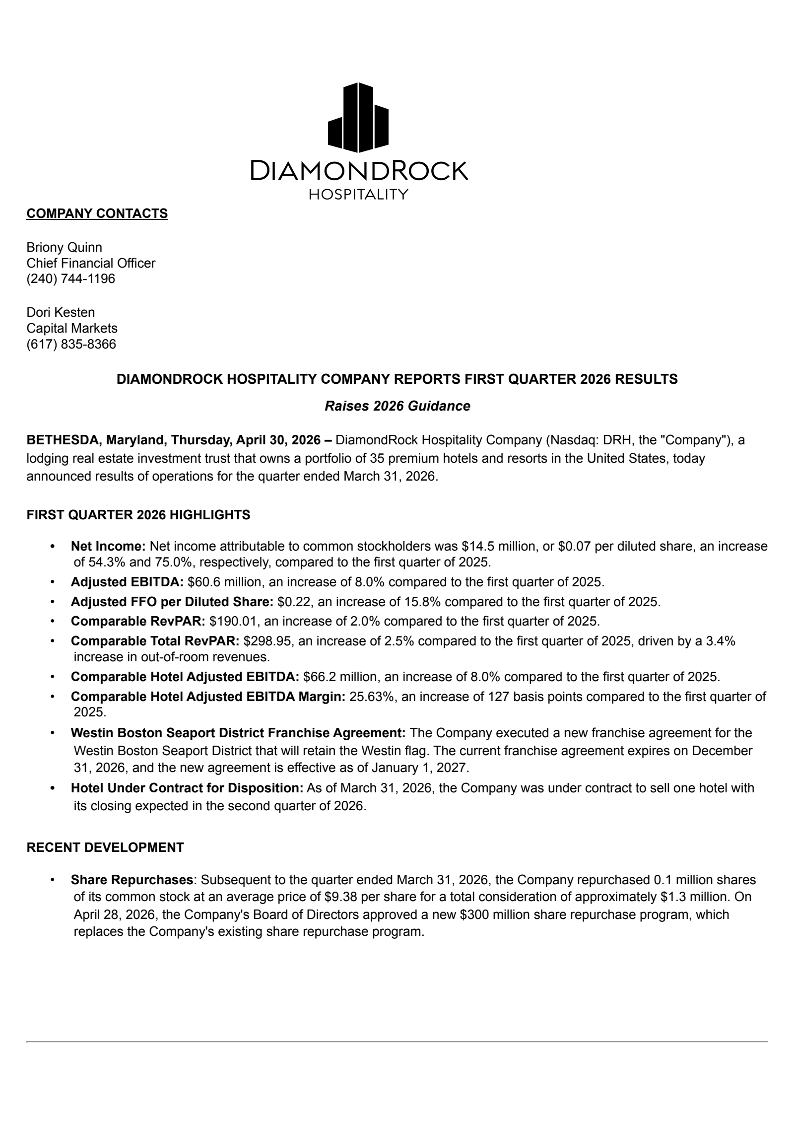 DiamondRock Hospitality's Q1 2026 Press Release
