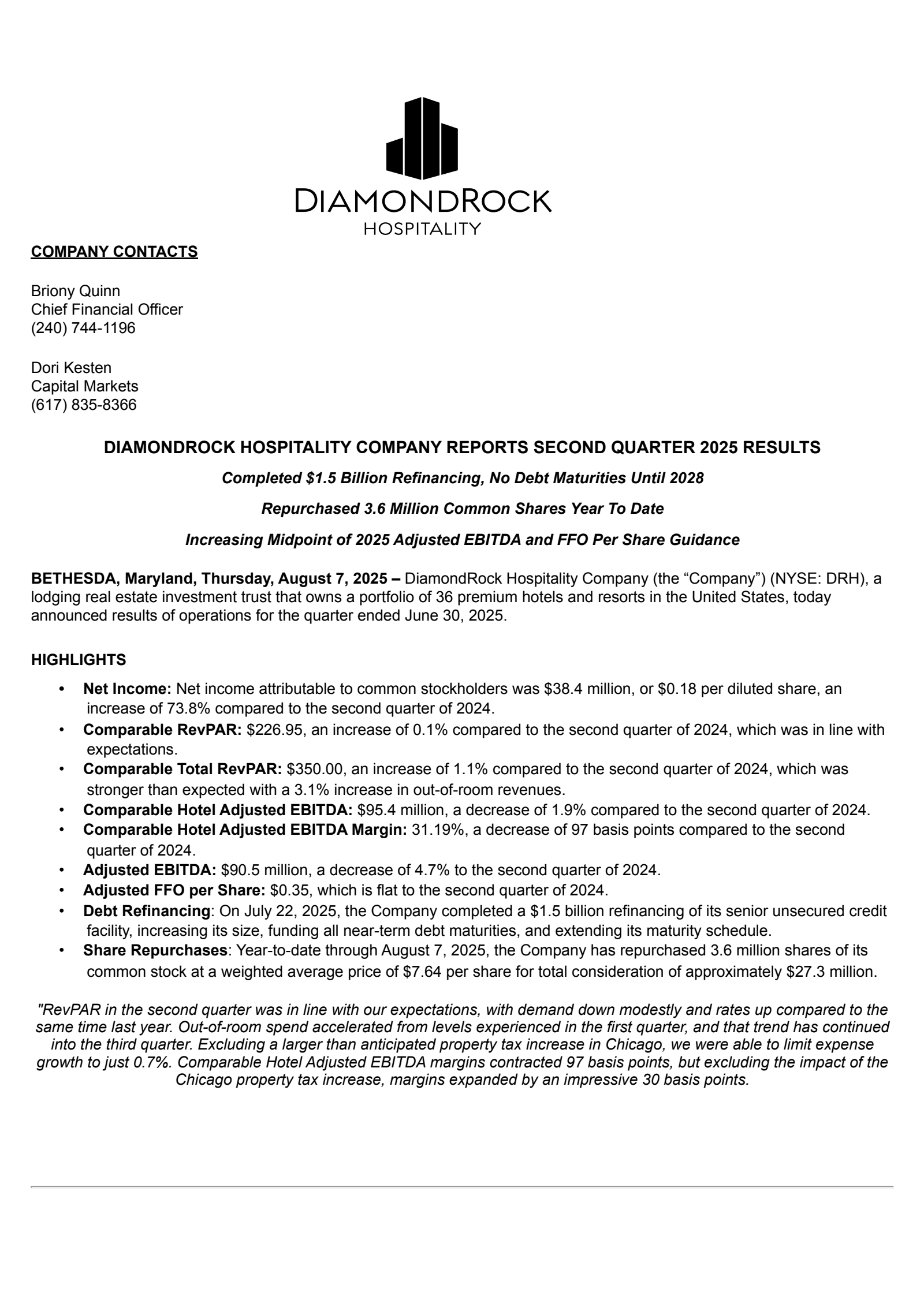 DiamondRock Hospitality's Q2 2025 Press Release