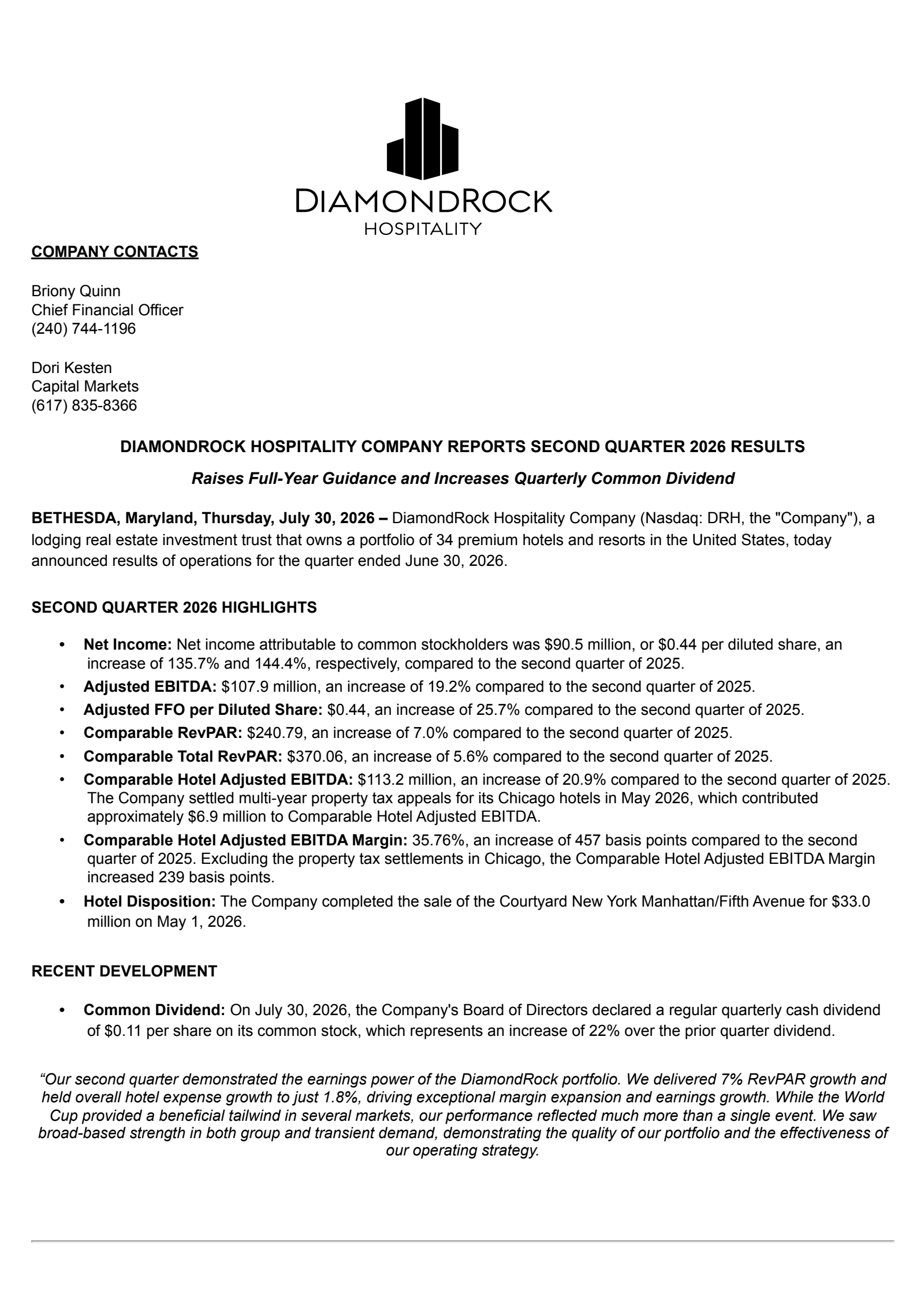 DiamondRock Hospitality's Q2 2026 Press Release