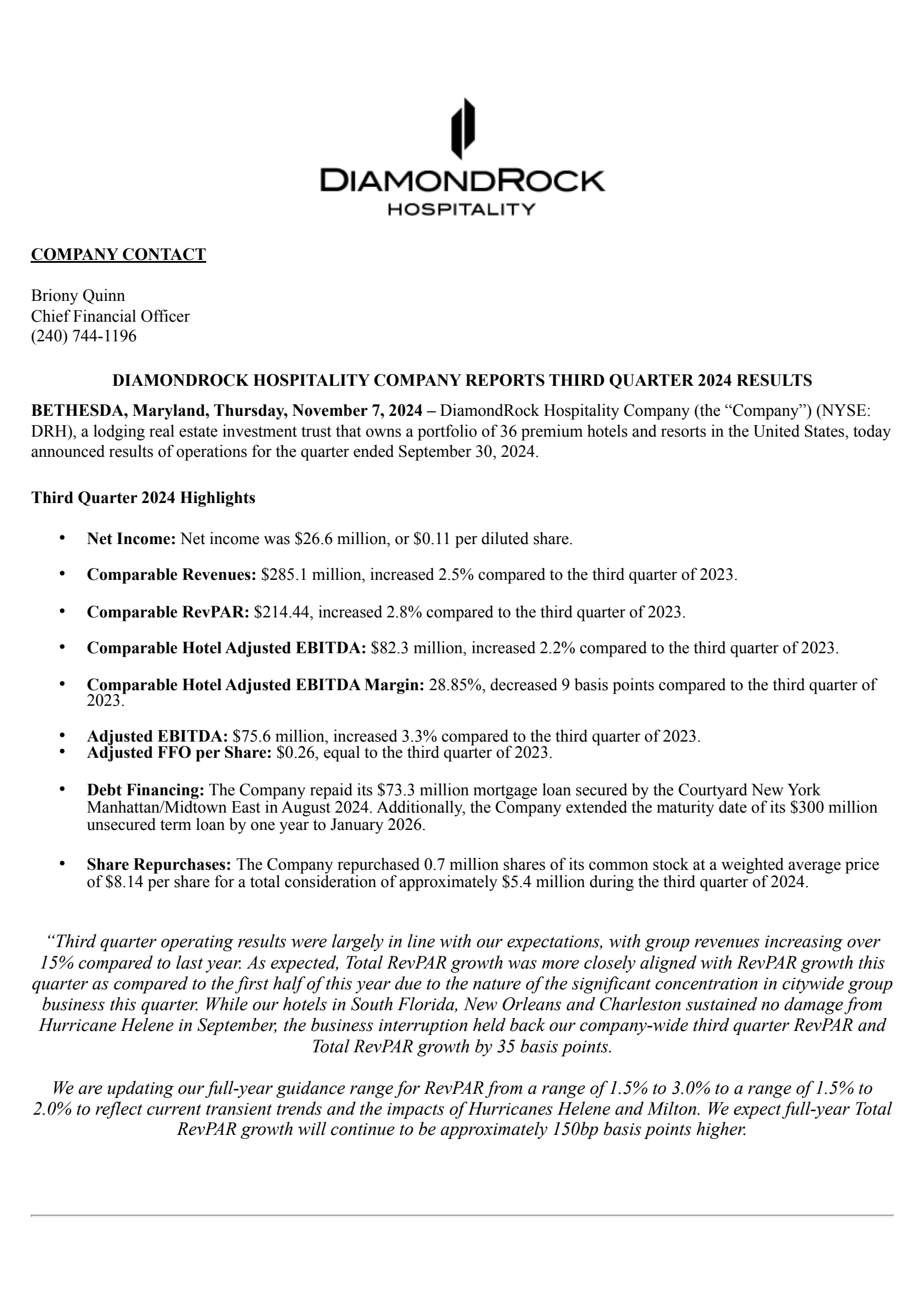 DiamondRock Hospitality's Q3 2024 Press Release