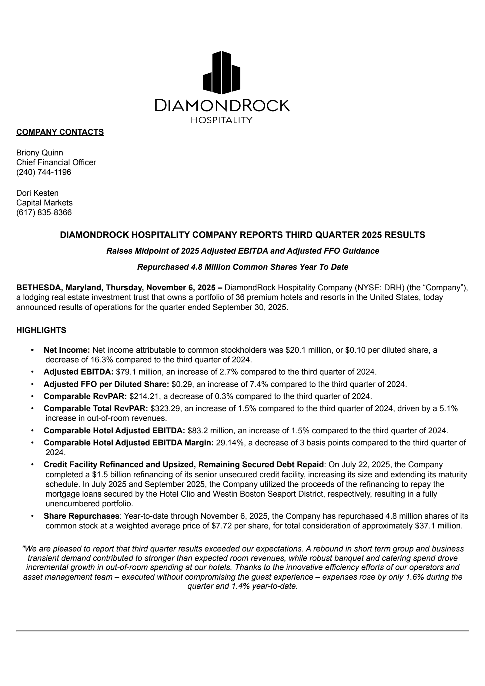 DiamondRock Hospitality's Q3 2025 Earnings Release