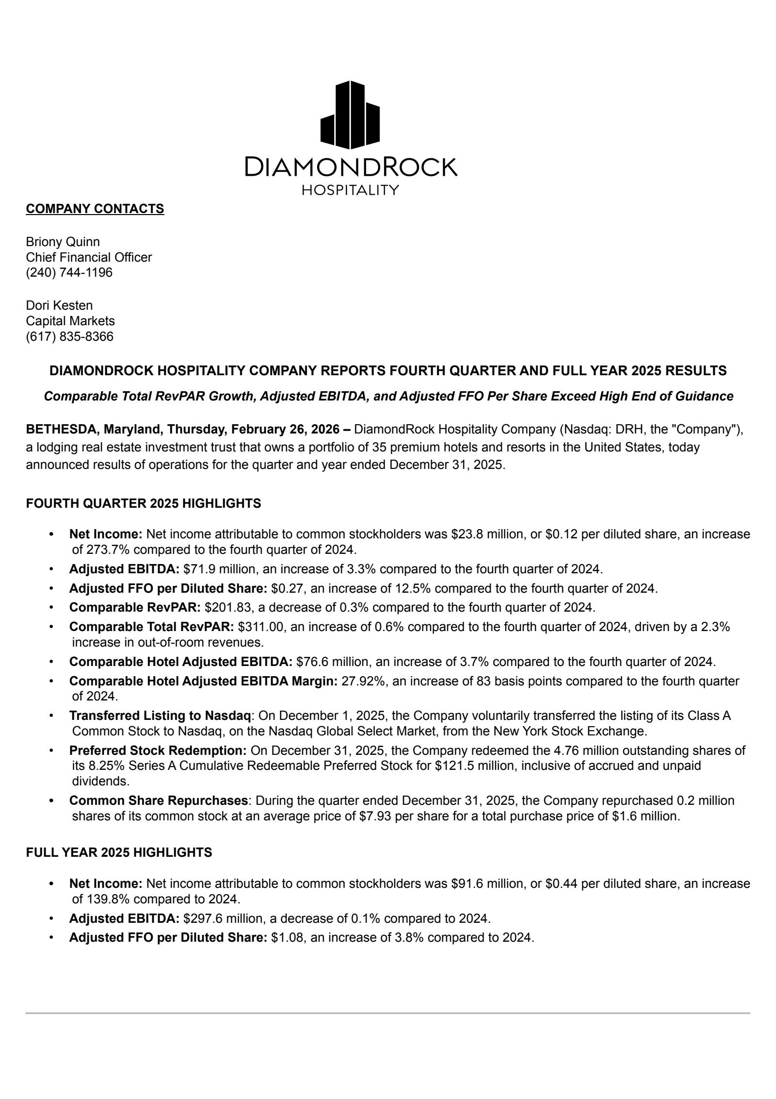 DiamondRock Hospitality's Q4 2025 Press Release