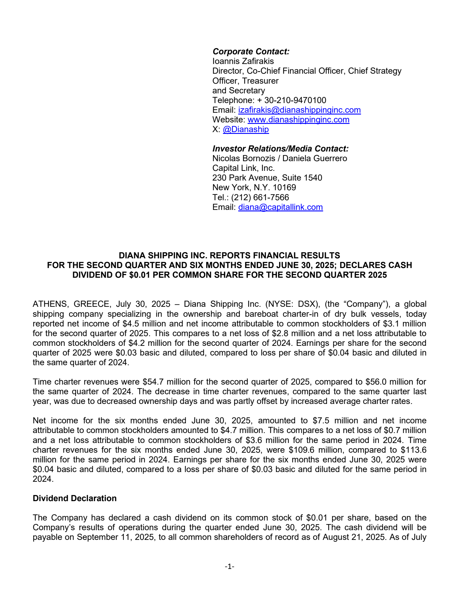 Diana Shipping's Q2 2025 Press Release