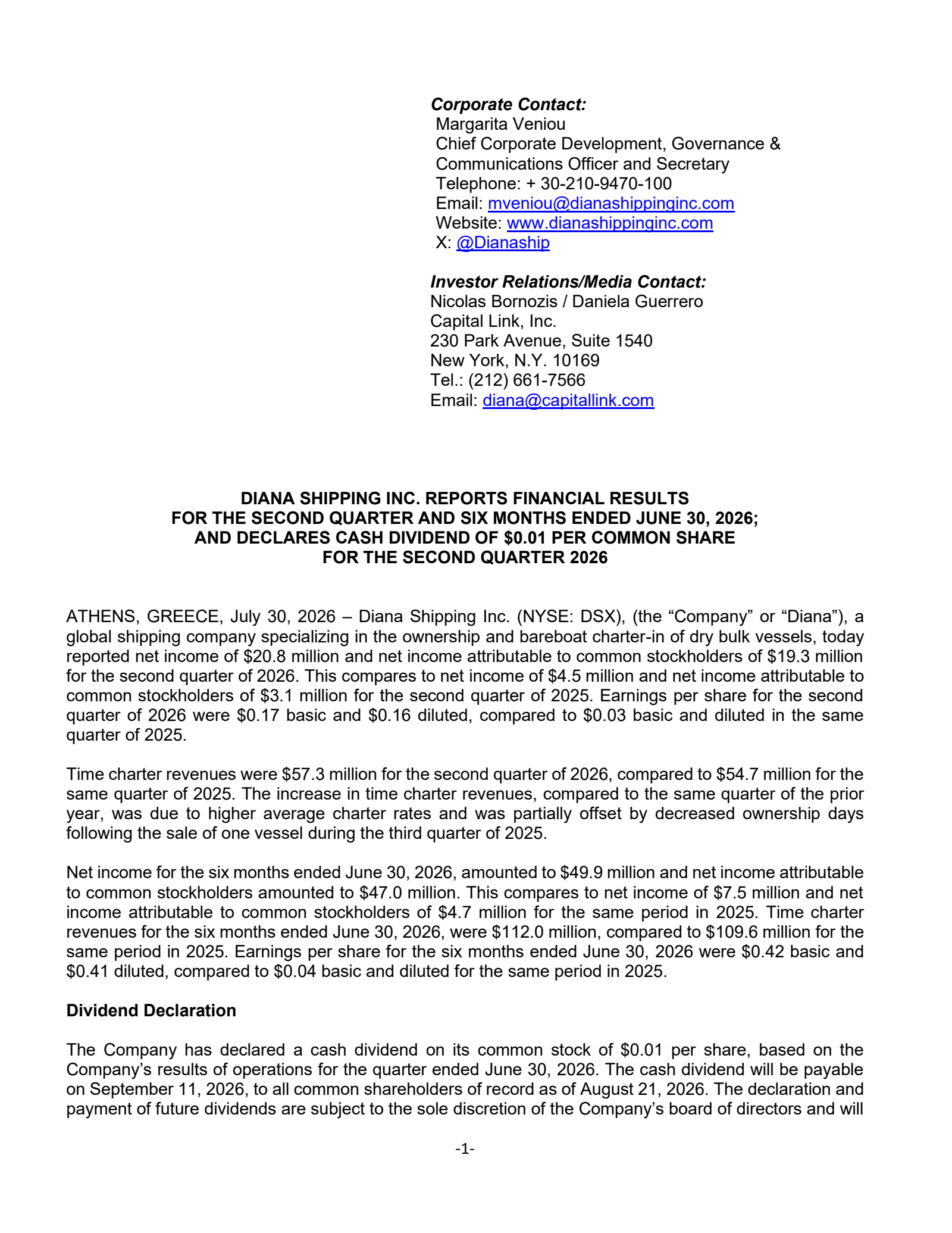Diana Shipping's Q2 2026 Press Release