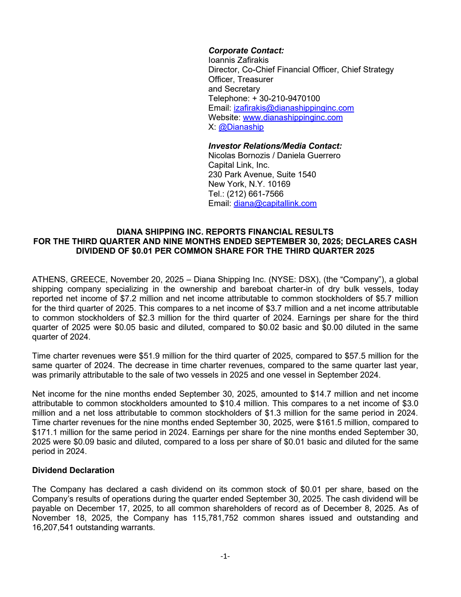 Diana Shipping's Q3 2025 Earnings Release