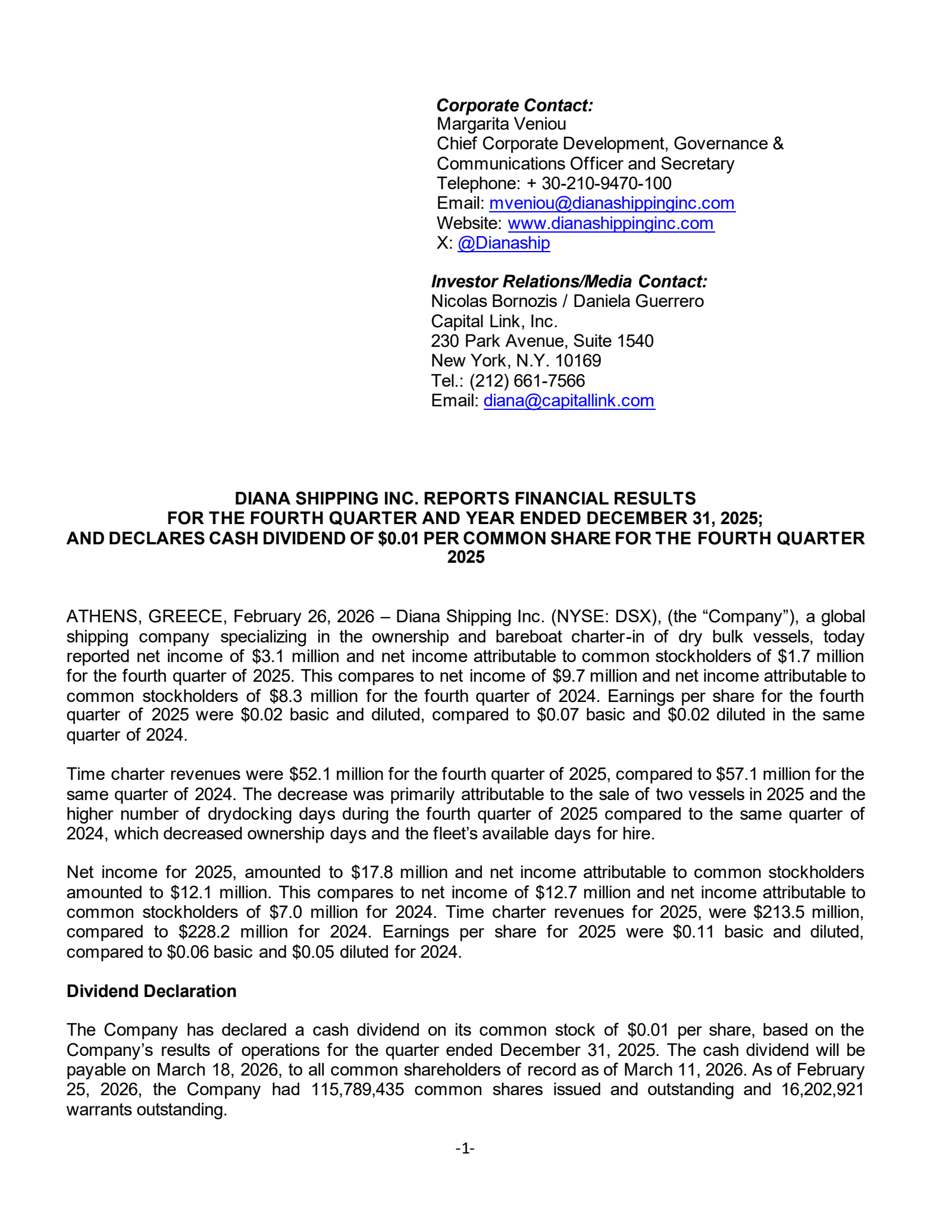 Diana Shipping's Q4 2025 Press Release