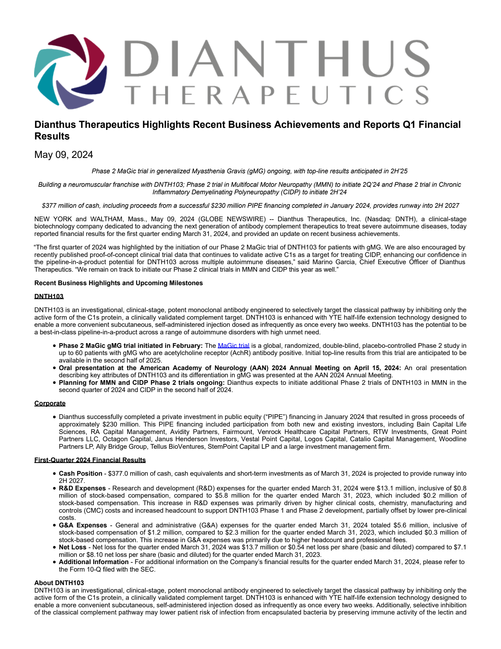 Dianthus Therapeutics' Q1 2024 Press Release