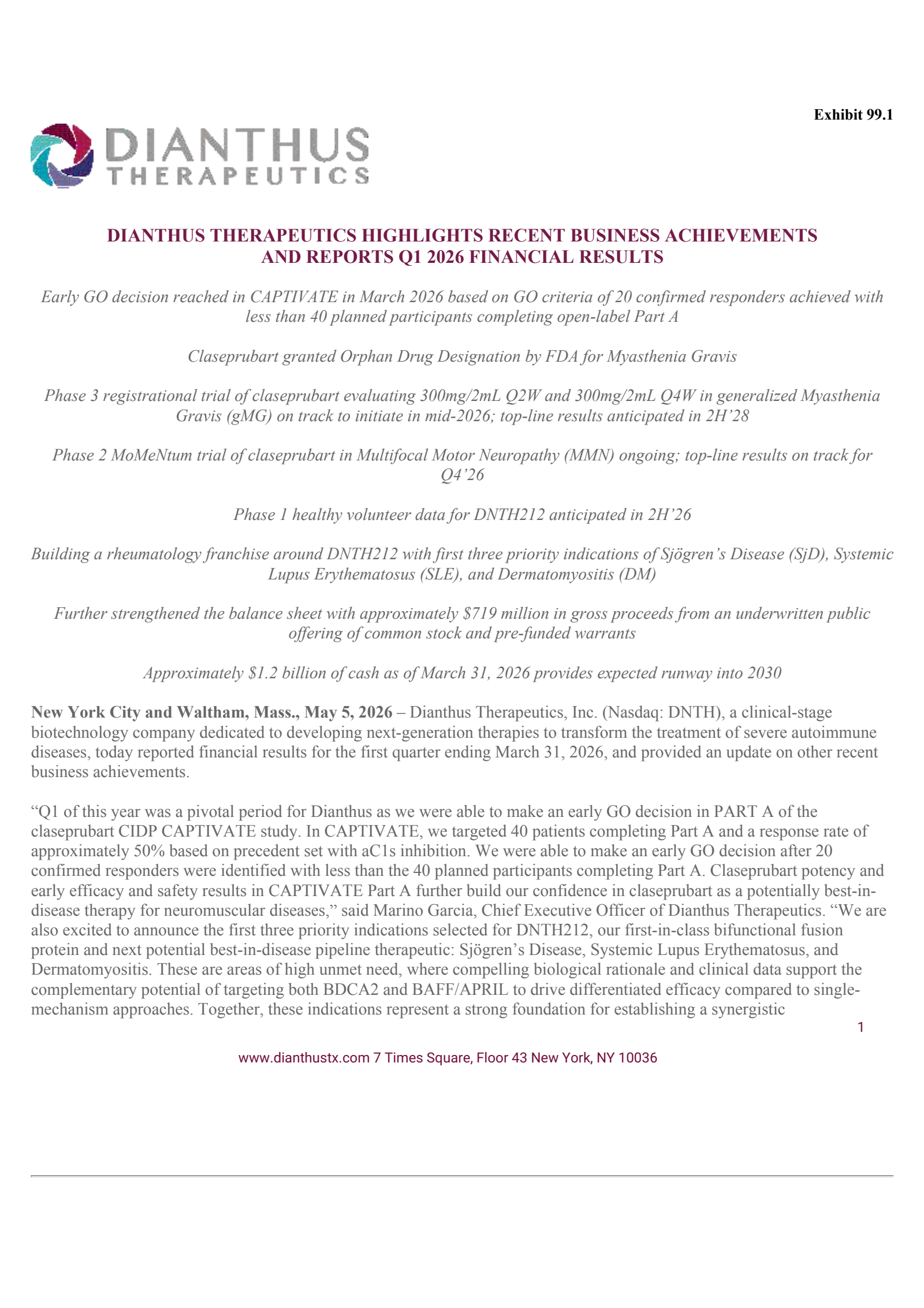 Dianthus Therapeutics' Q1 2026 Press Release