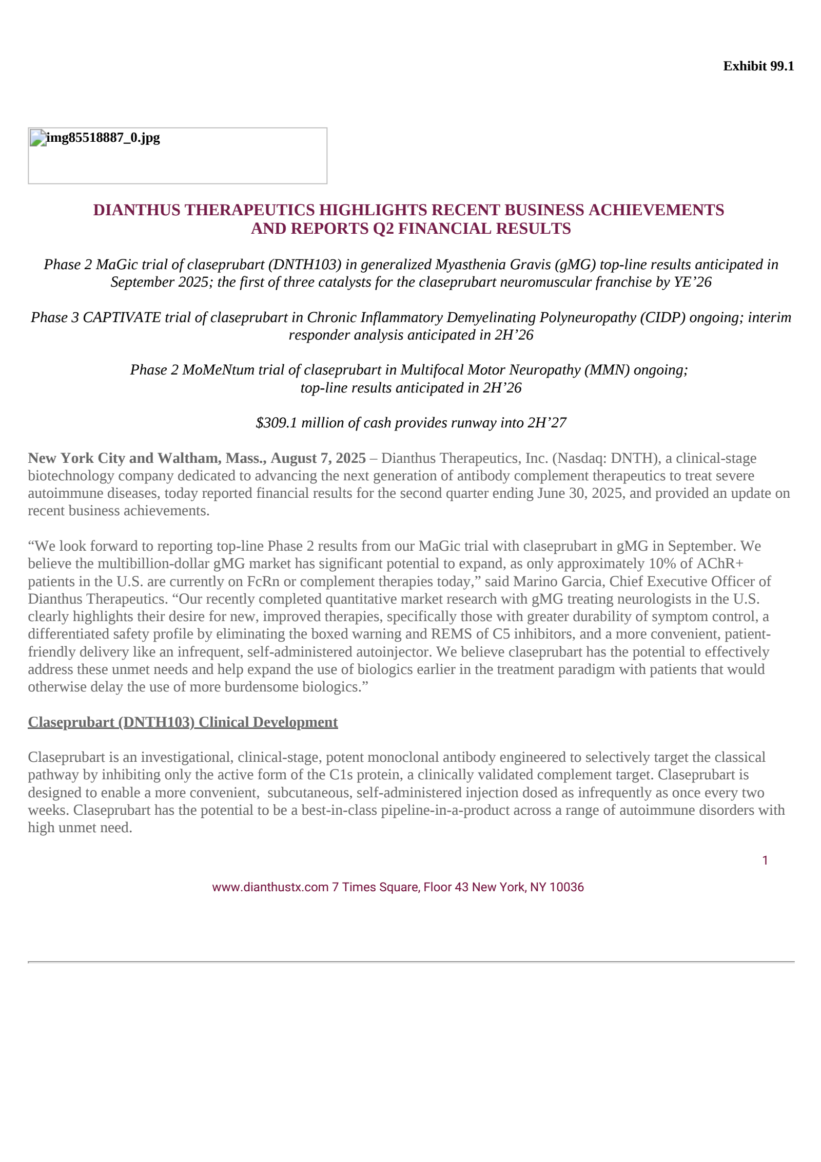 Dianthus Therapeutics' Q2 2025 Press Release