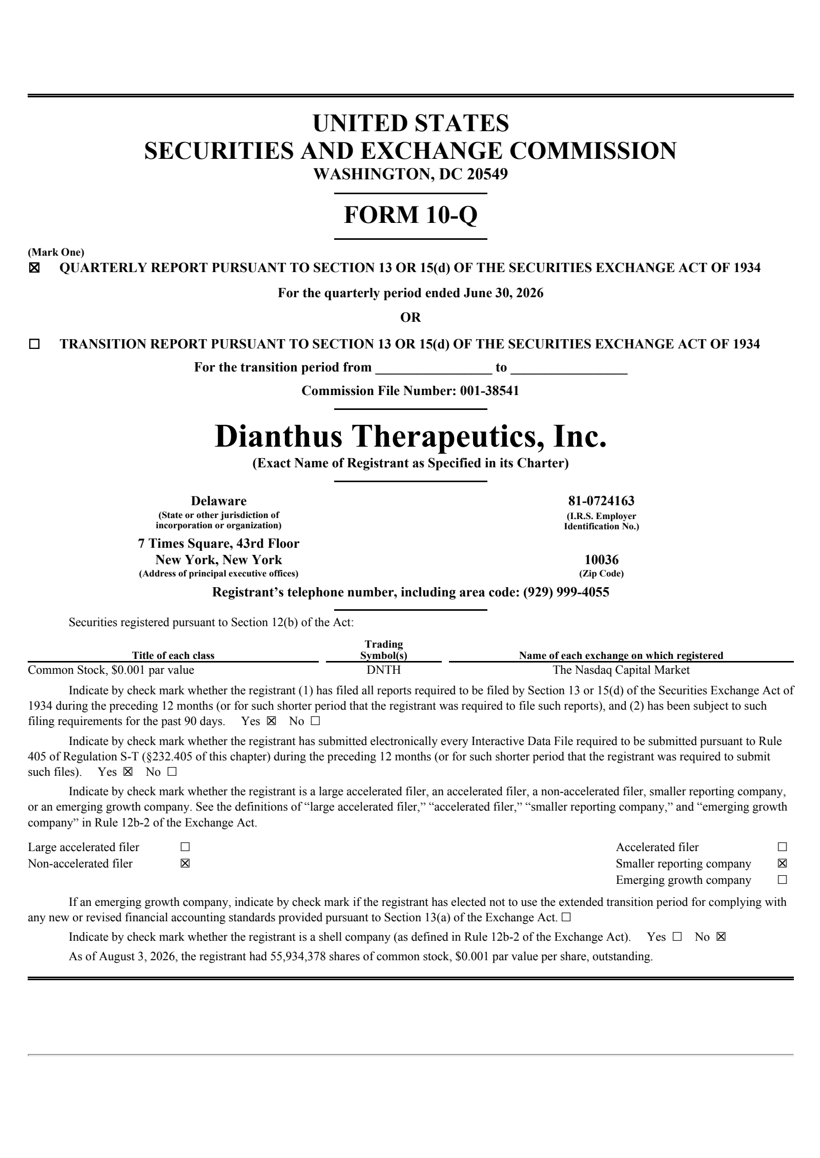 Dianthus Therapeutics' Q2 2026 Quarterly report