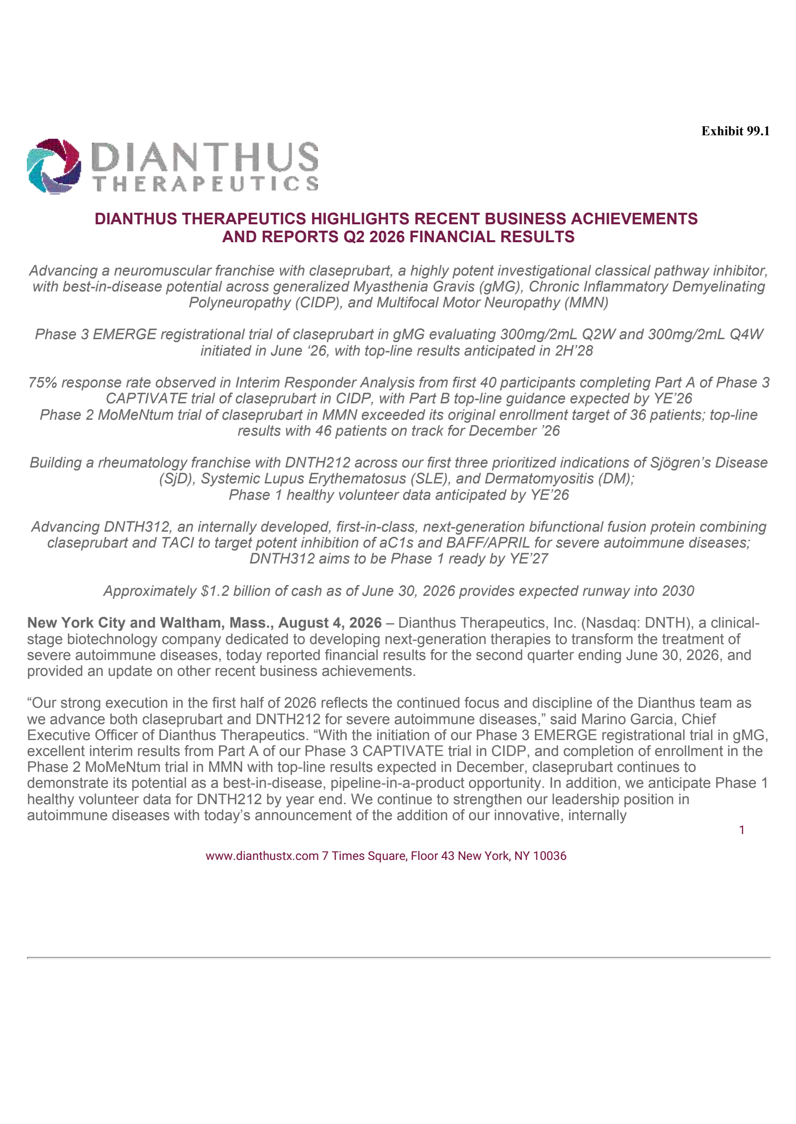 Dianthus Therapeutics' Q2 2026 Press Release