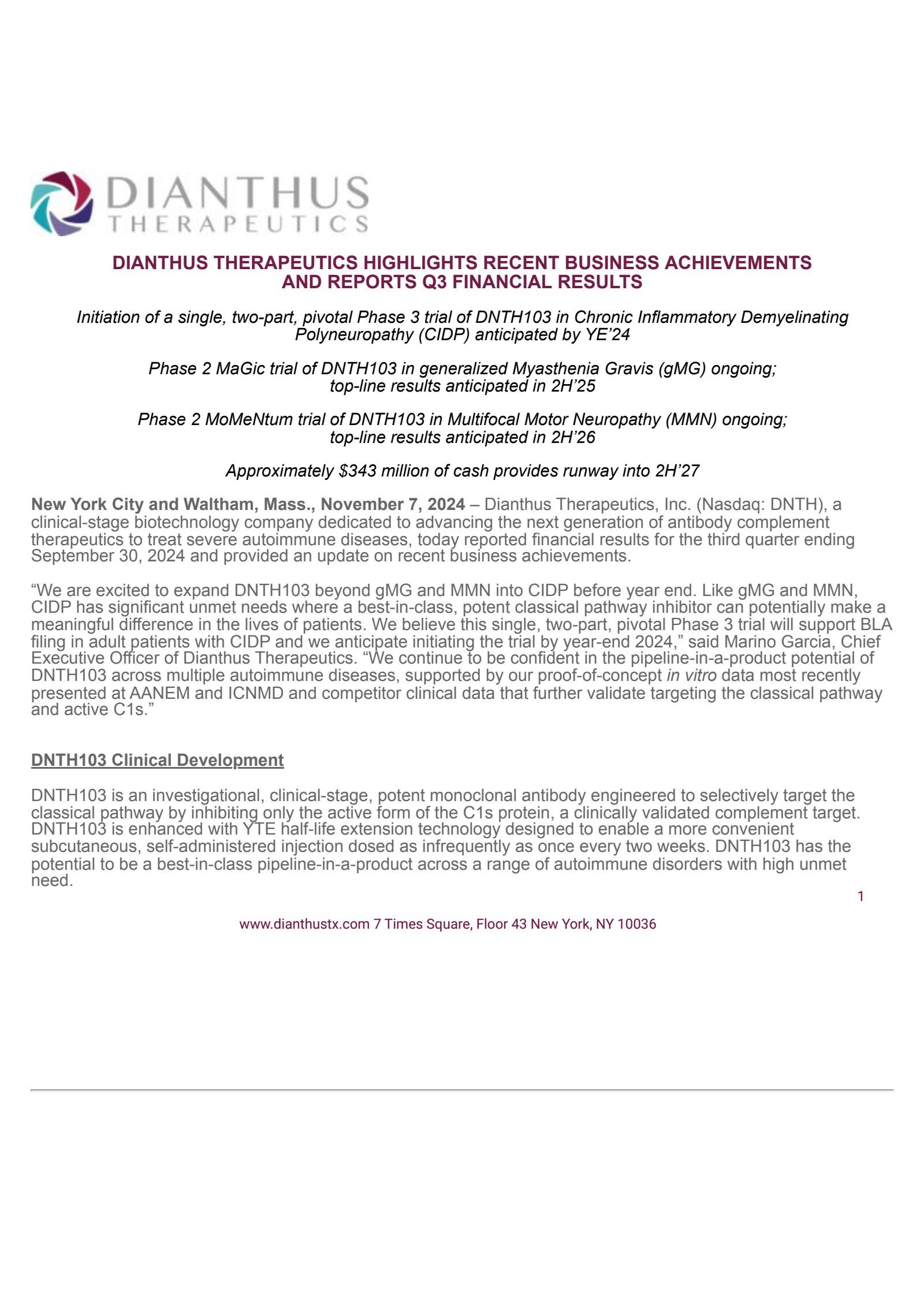 Dianthus Therapeutics' Q3 2024 Press Release