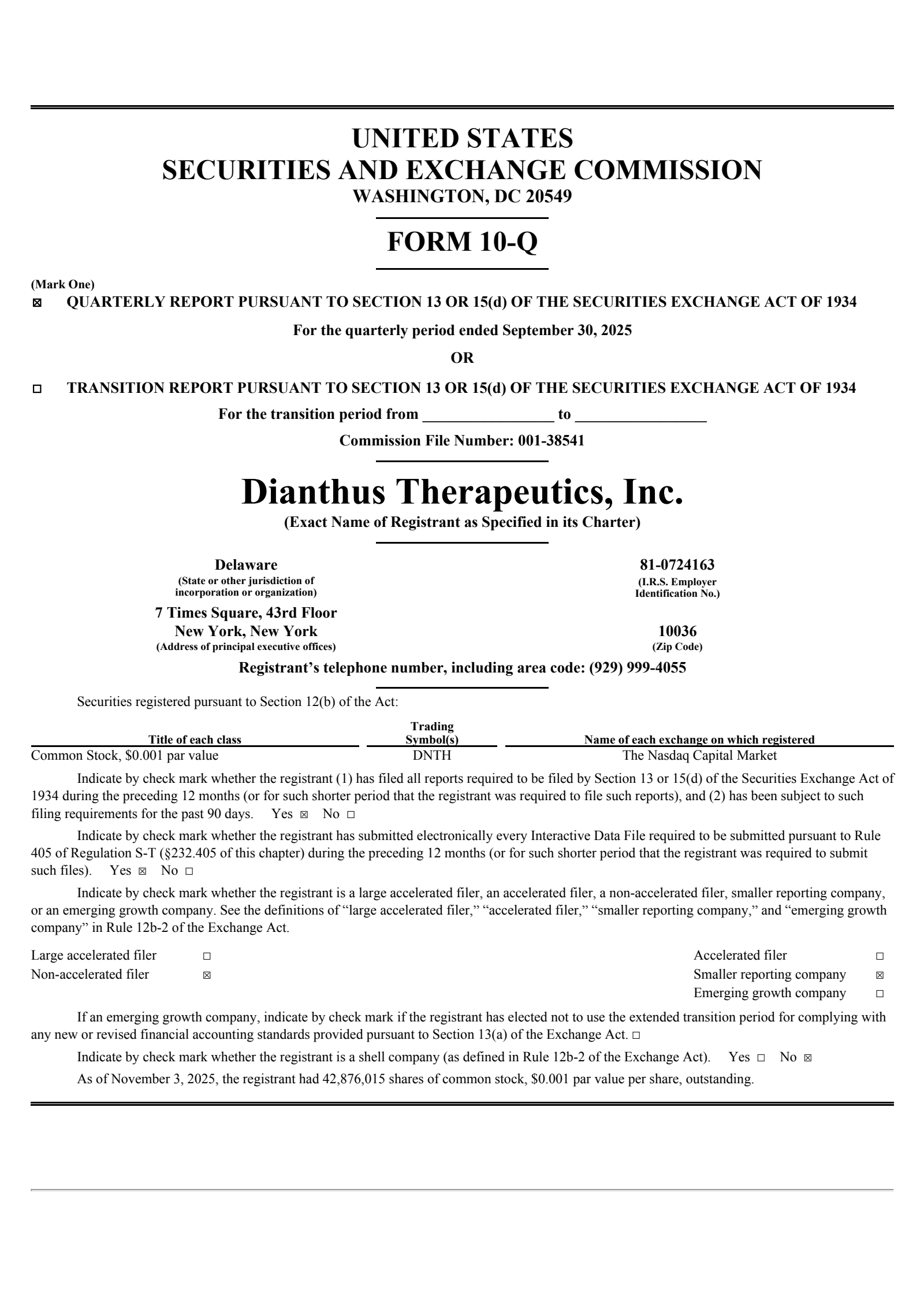 Dianthus Therapeutics' Q3 2025 Quarterly Report