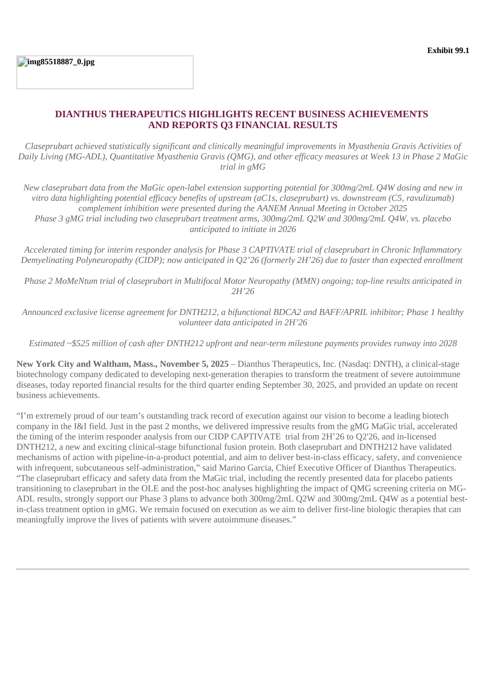 Dianthus Therapeutics' Q3 2025 Earnings Release