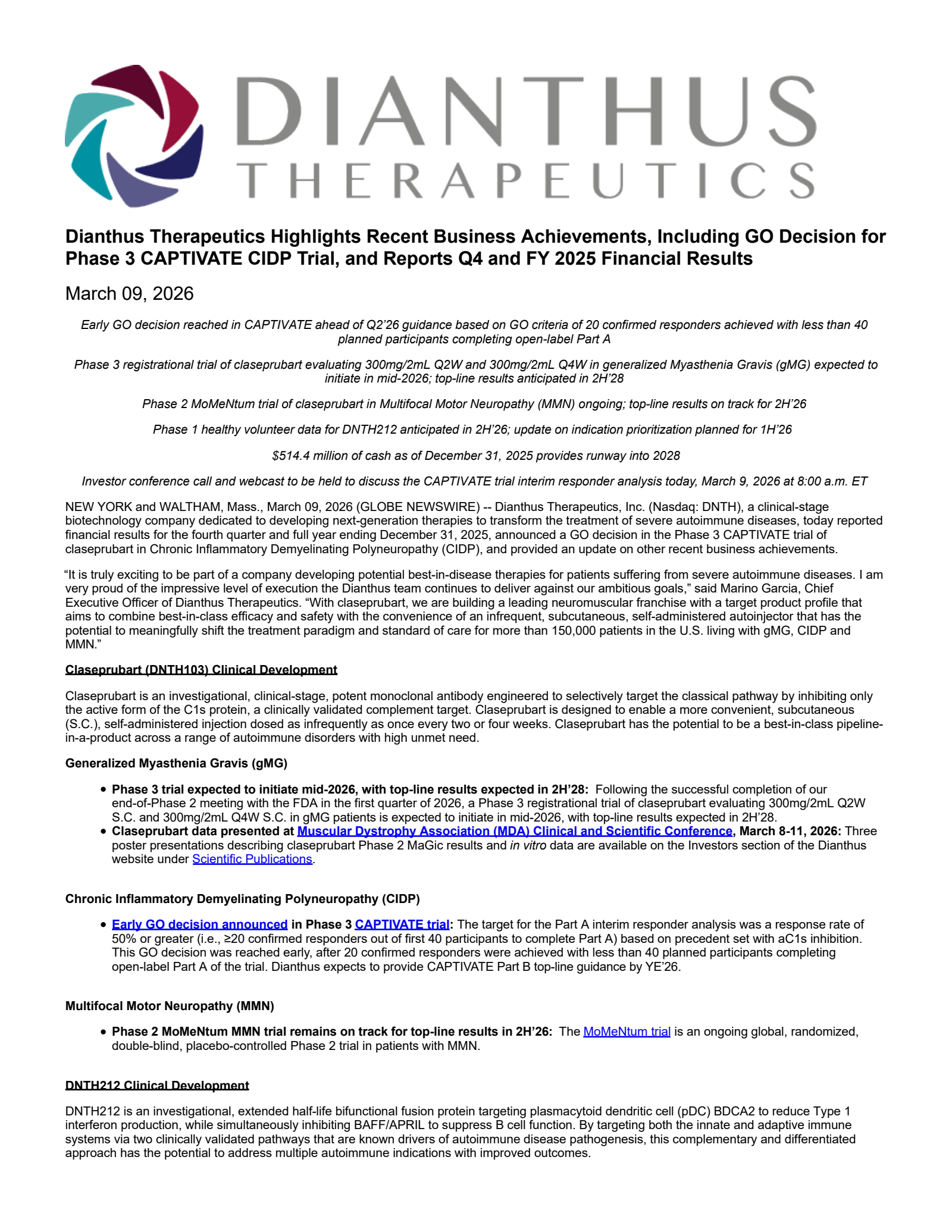 Dianthus Therapeutics' Q4 2025 Press Release