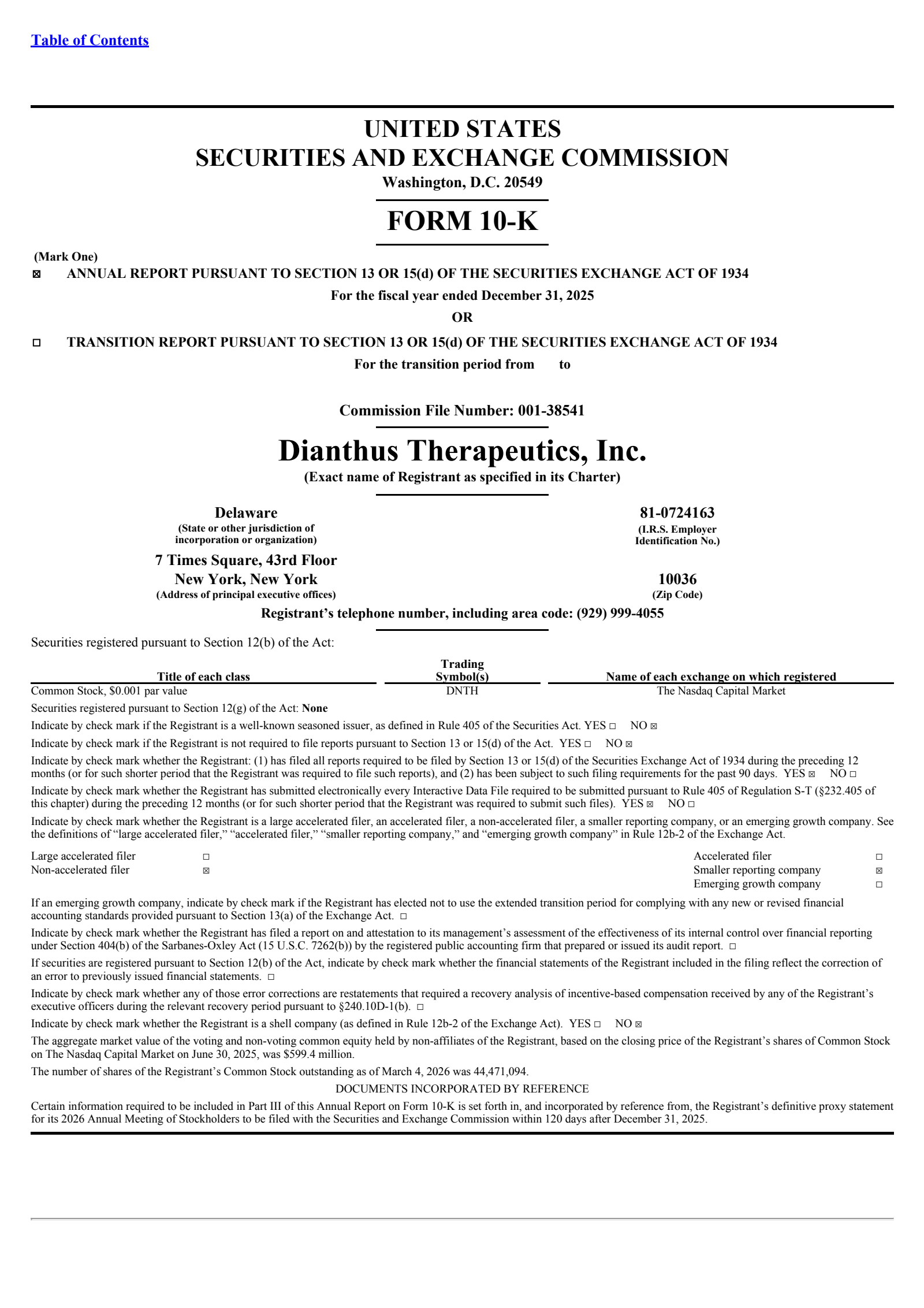 Dianthus Therapeutics' Q4 2025 Annual report