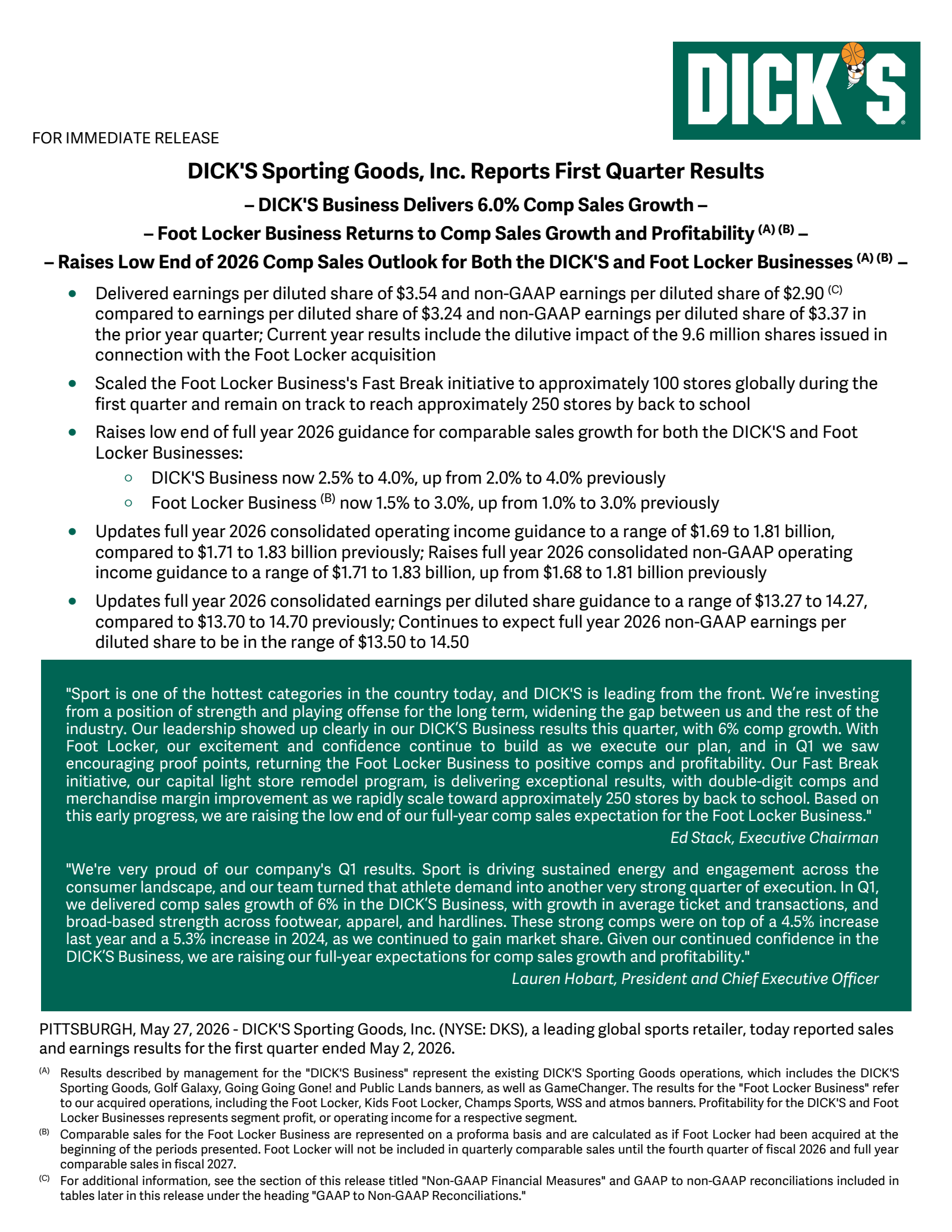 DICK'S Sporting Goods' Q1 2027 Press Release