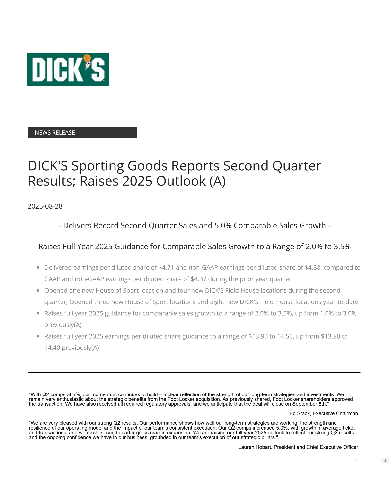 DICK'S Sporting Goods' Q2 2026 Press Release