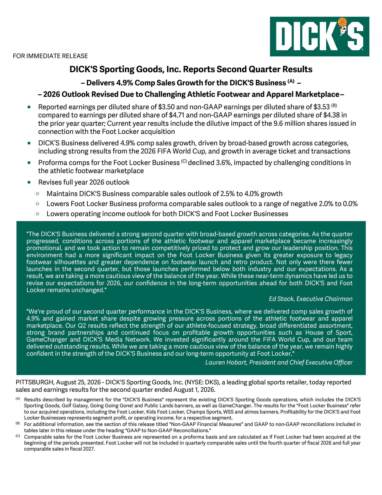 DICK'S Sporting Goods' Q2 2027 Press Release