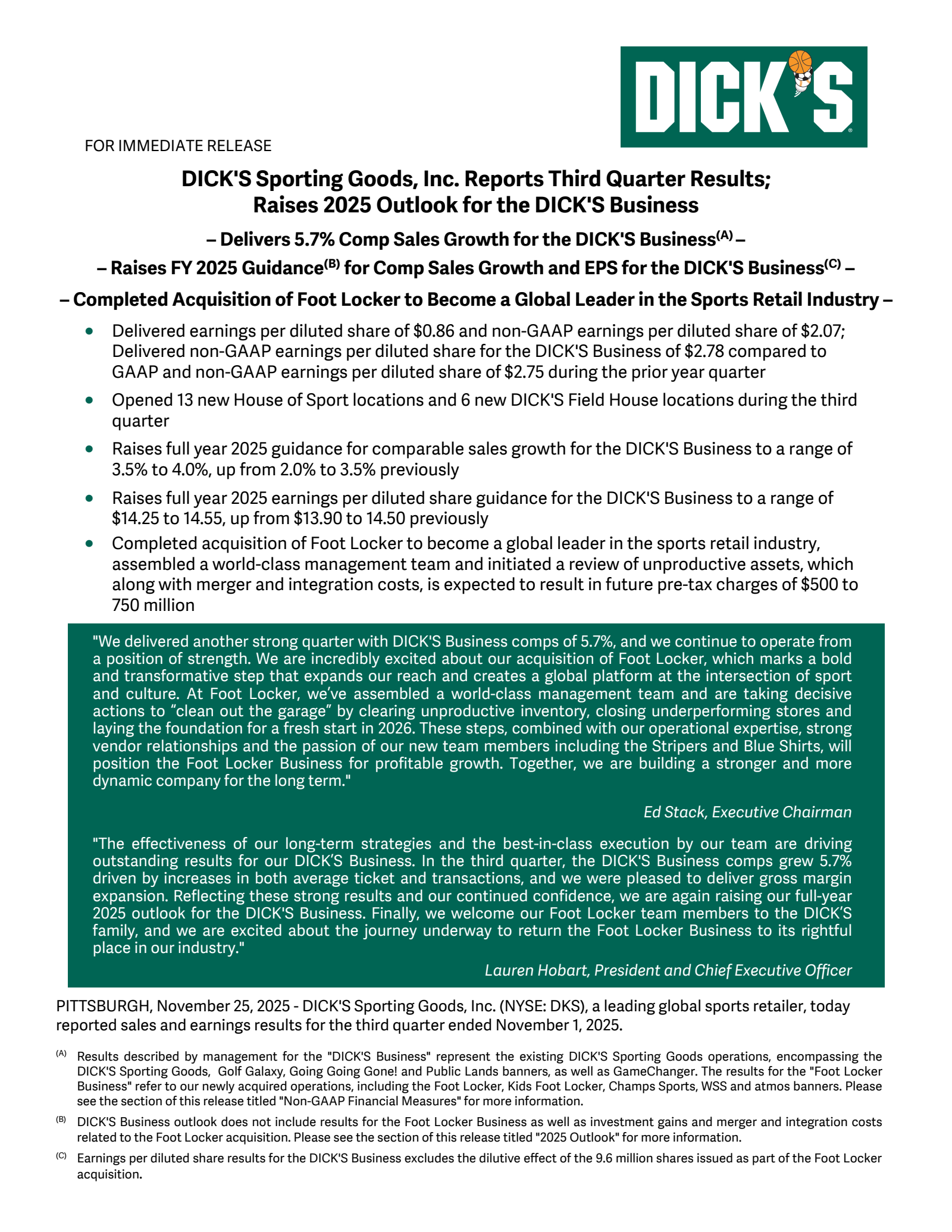 DICK'S Sporting Goods' Q3 2026 Earnings Release