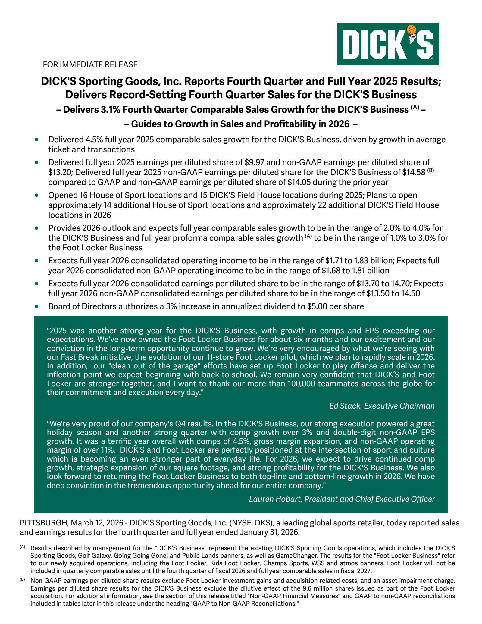 DICK'S Sporting Goods' Q4 2026 Press Release