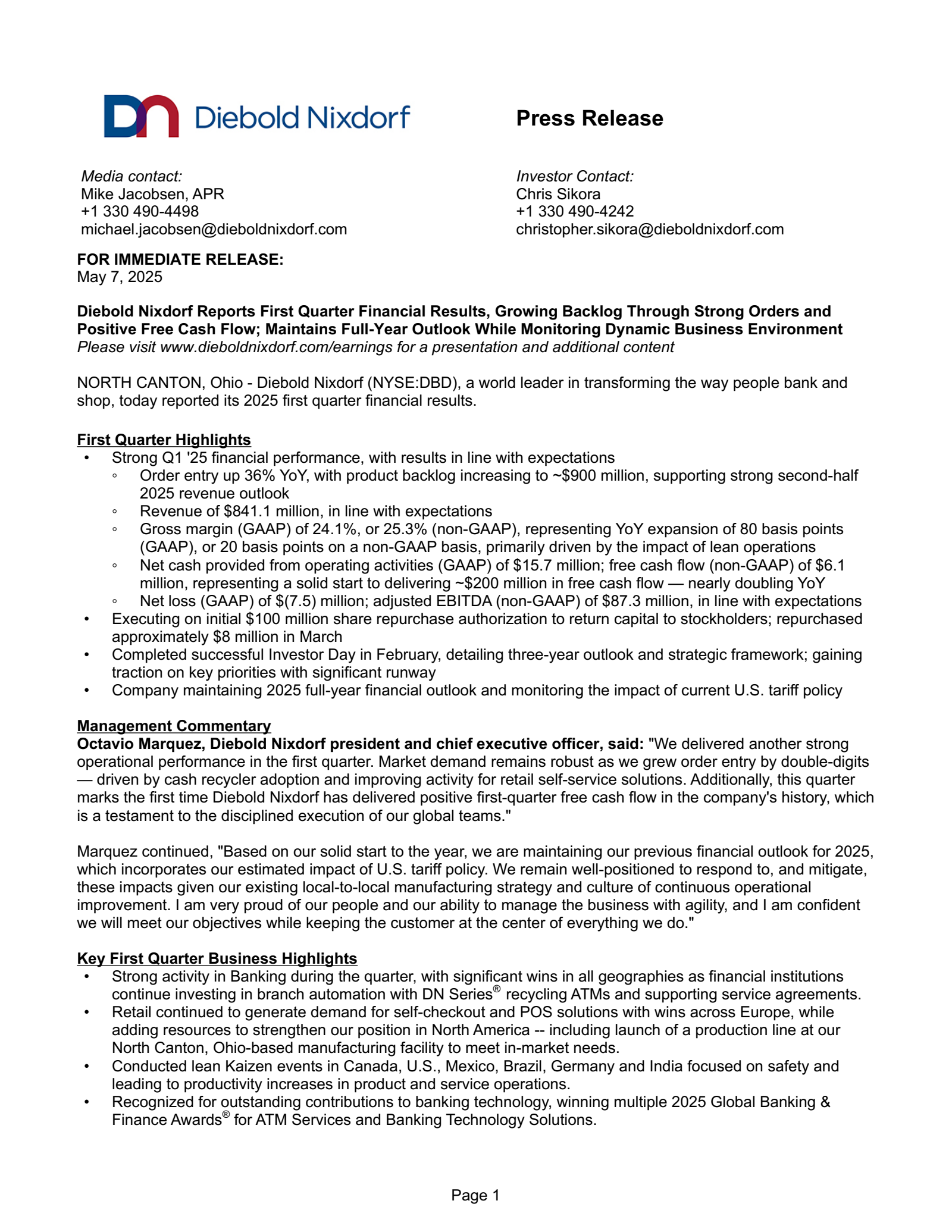 Diebold Nixdorf's Q1 2025 Press Release