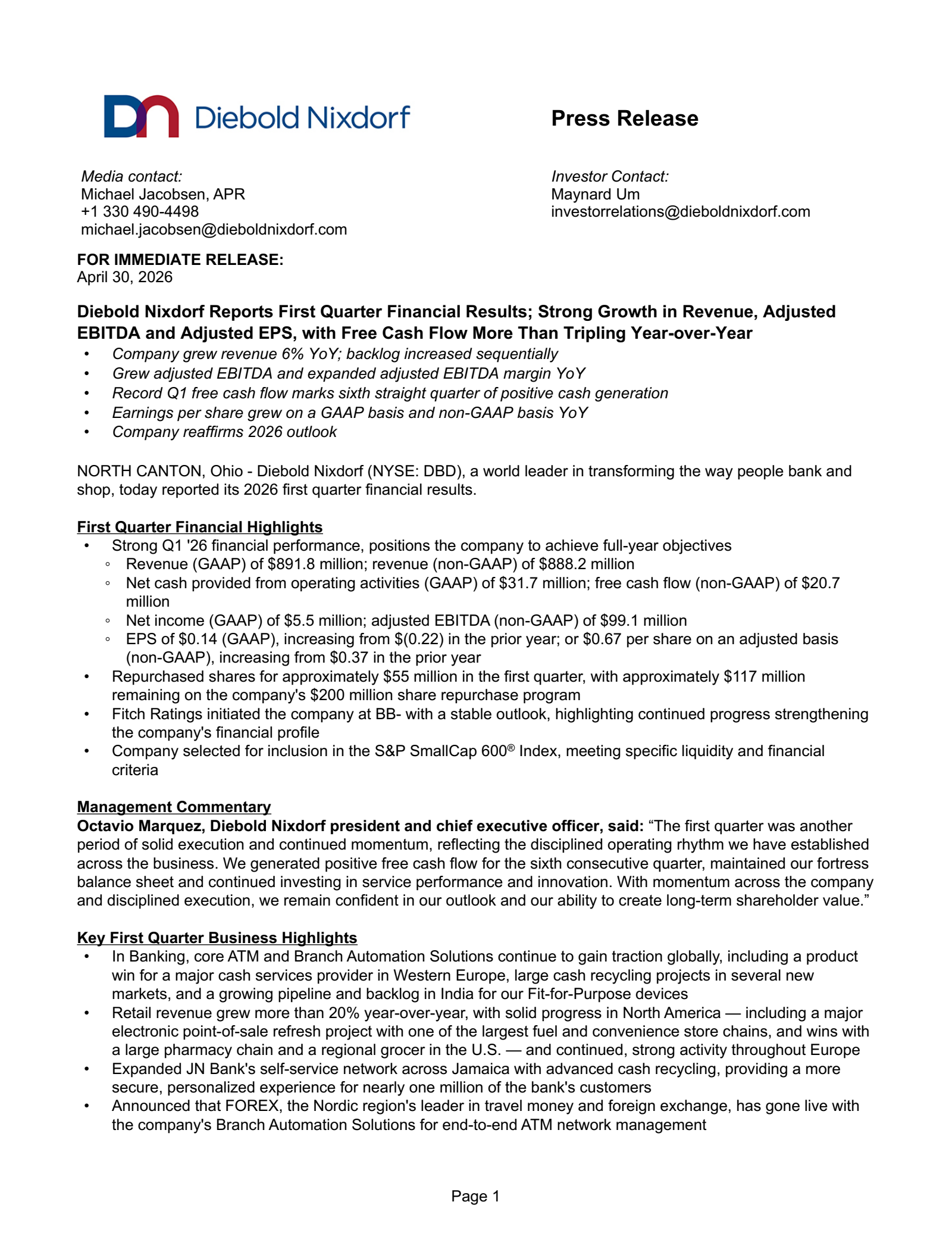 Diebold Nixdorf's Q1 2026 Press Release
