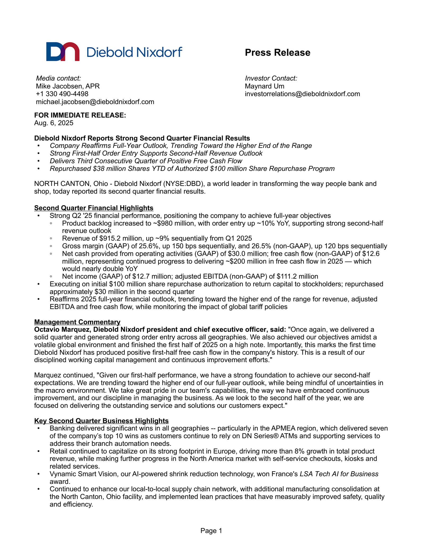Diebold Nixdorf's Q2 2025 Press Release