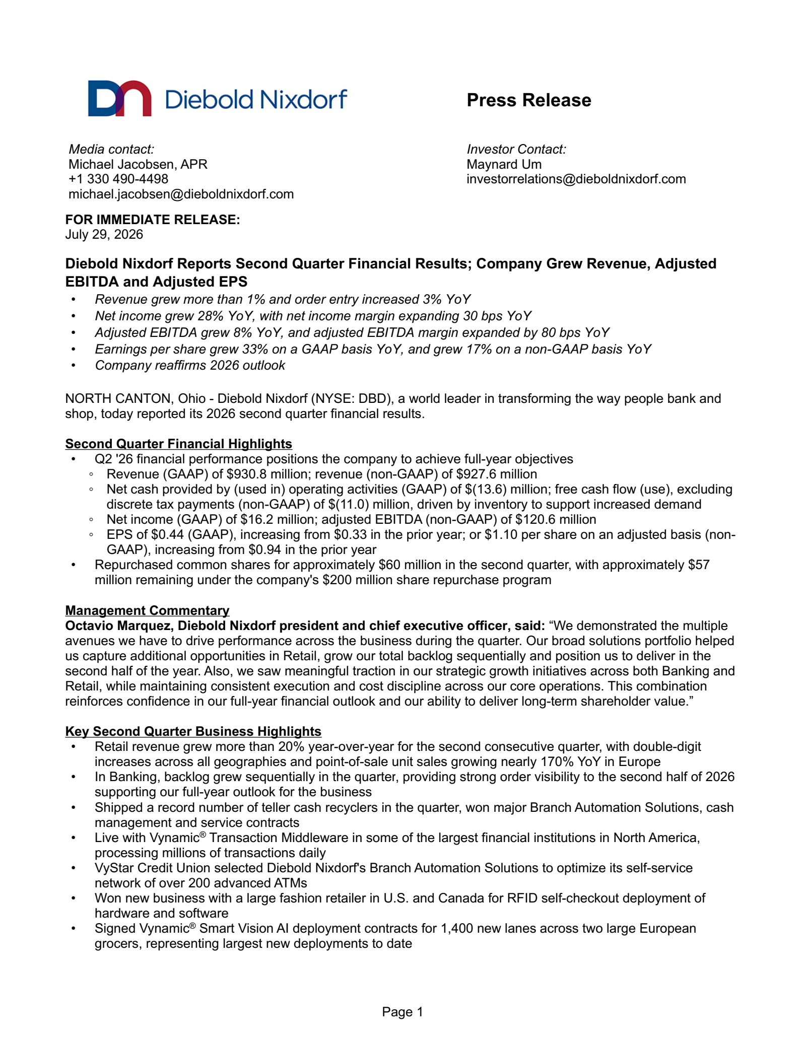 Diebold Nixdorf's Q2 2026 Press Release