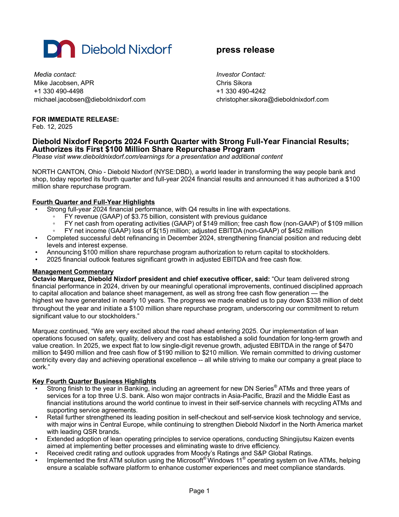 Diebold Nixdorf's Q4 2024 Earnings Release