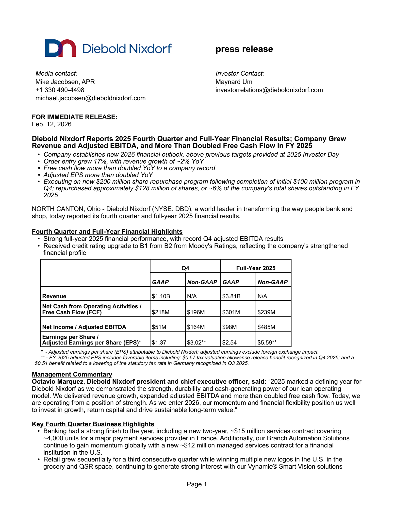 Diebold Nixdorf's Q4 2025 Press Release