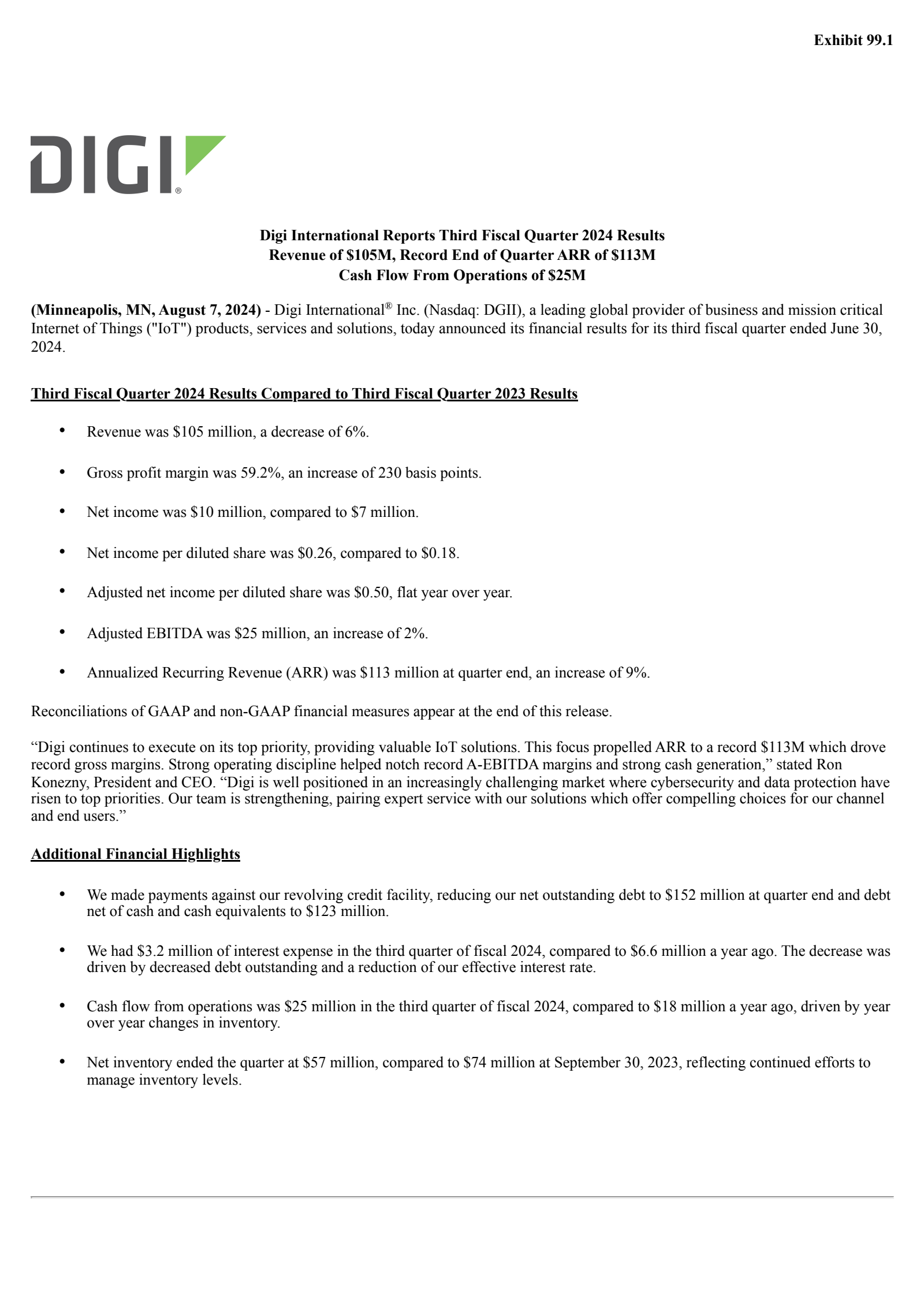 Digi International's Q3 2024 Press Release