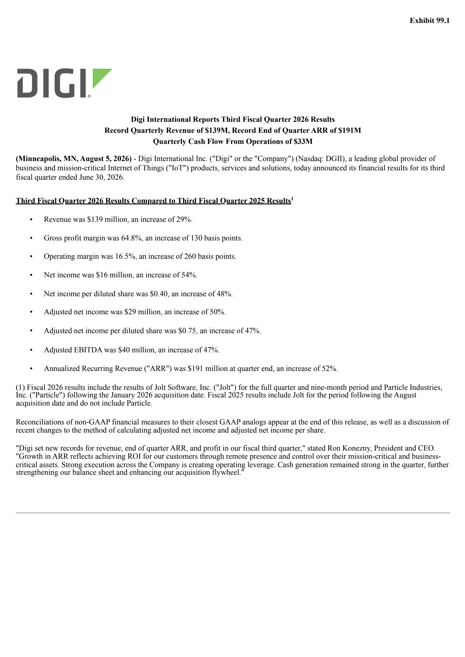 Digi International's Q3 2026 Press Release