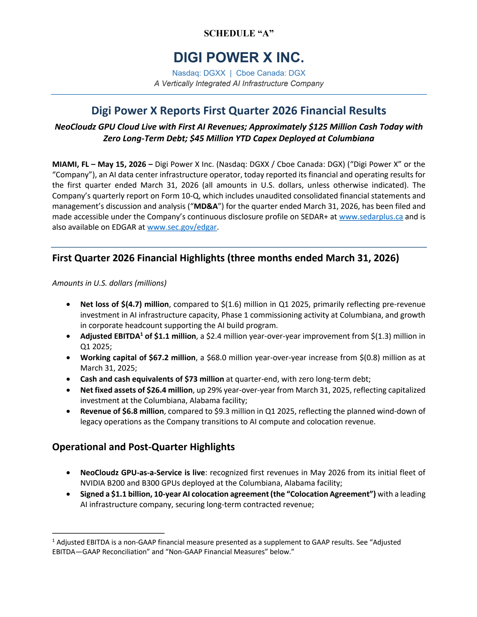 Digi Power X's Q1 2026 Press Release