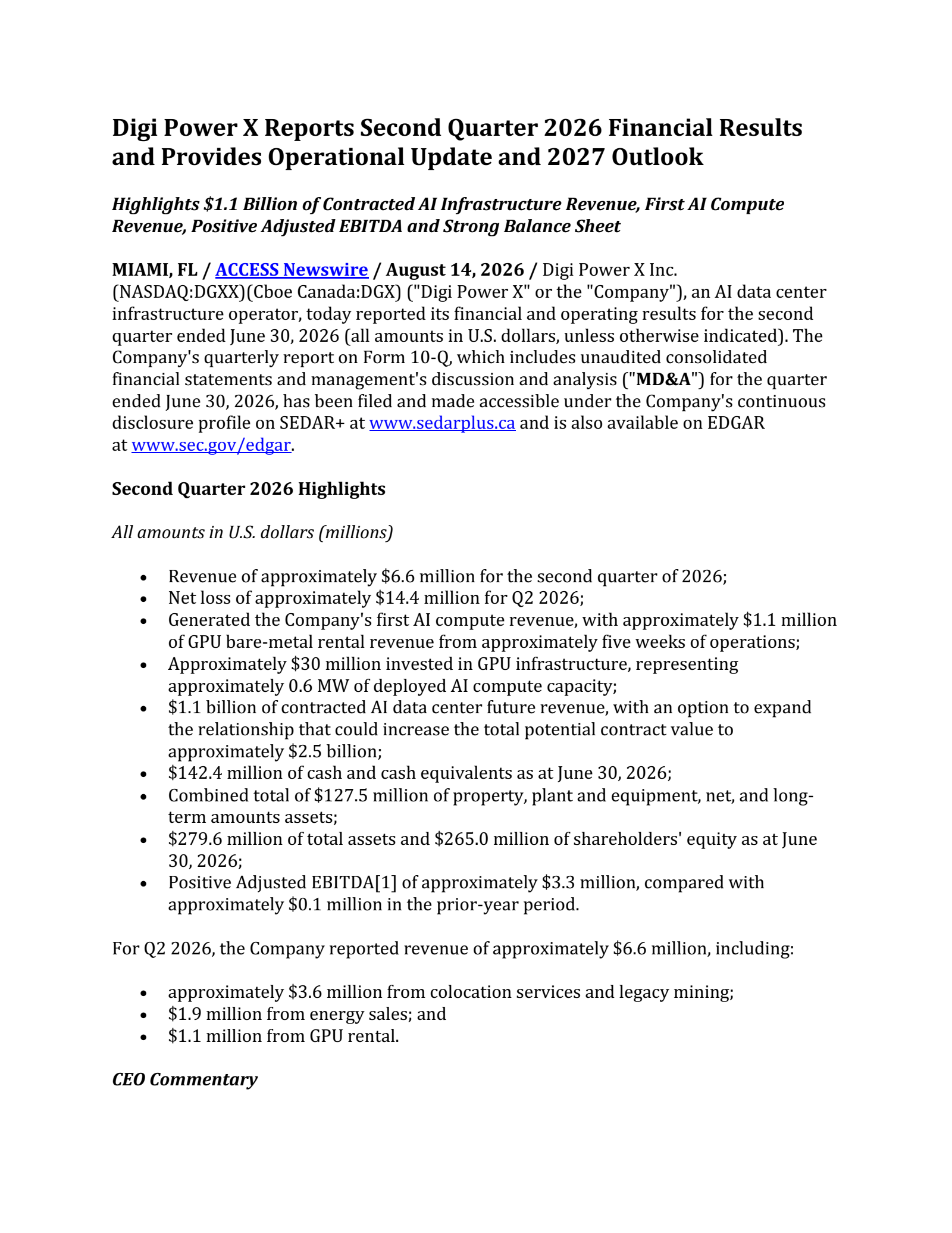 Digi Power X's Q2 2026 Press Release
