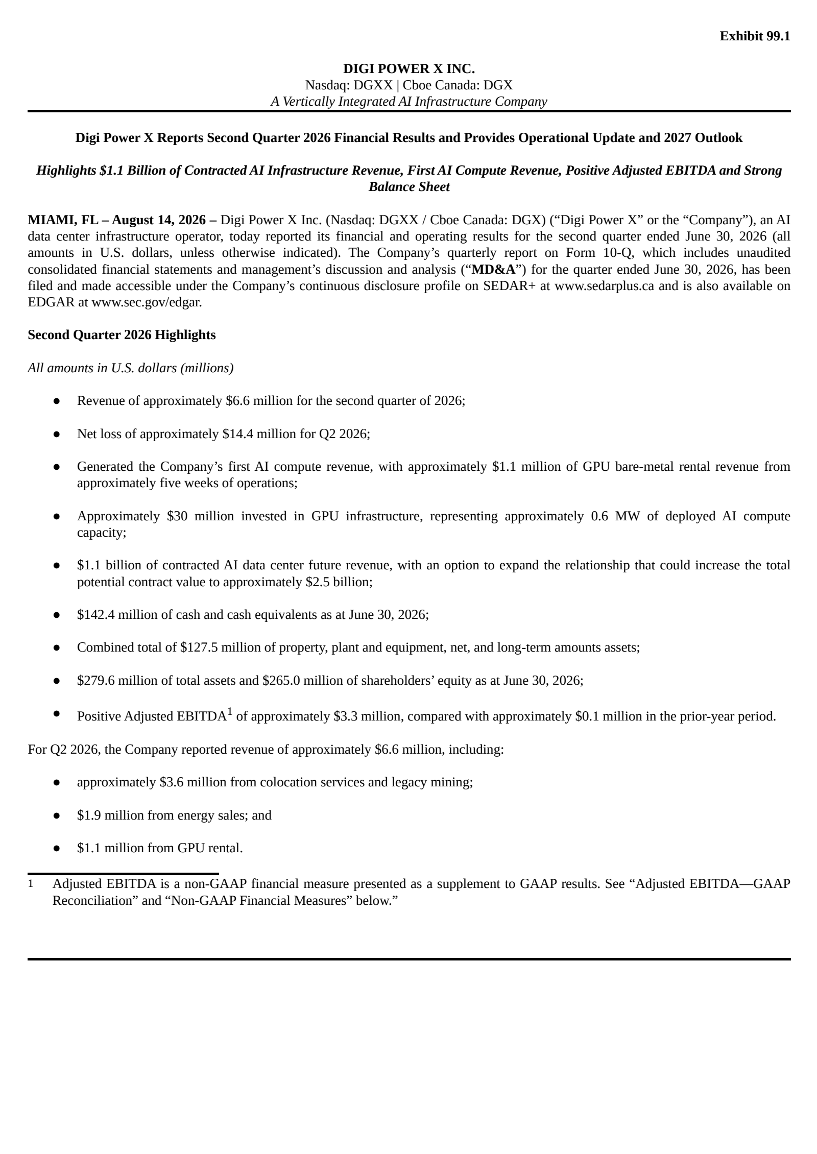 Digi Power X's Q2 2026 Press Release