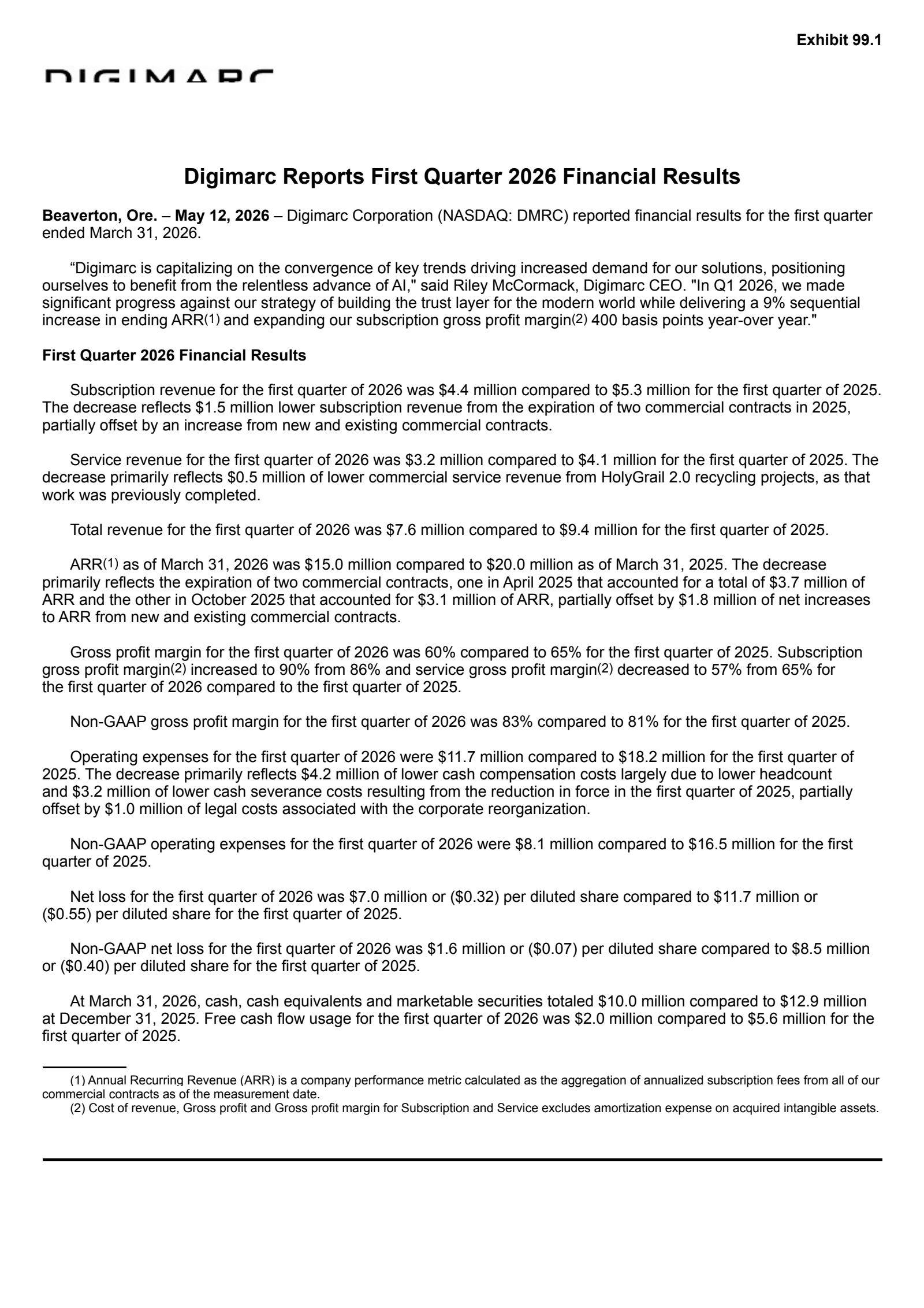 Digimarc's Q1 2026 Press Release