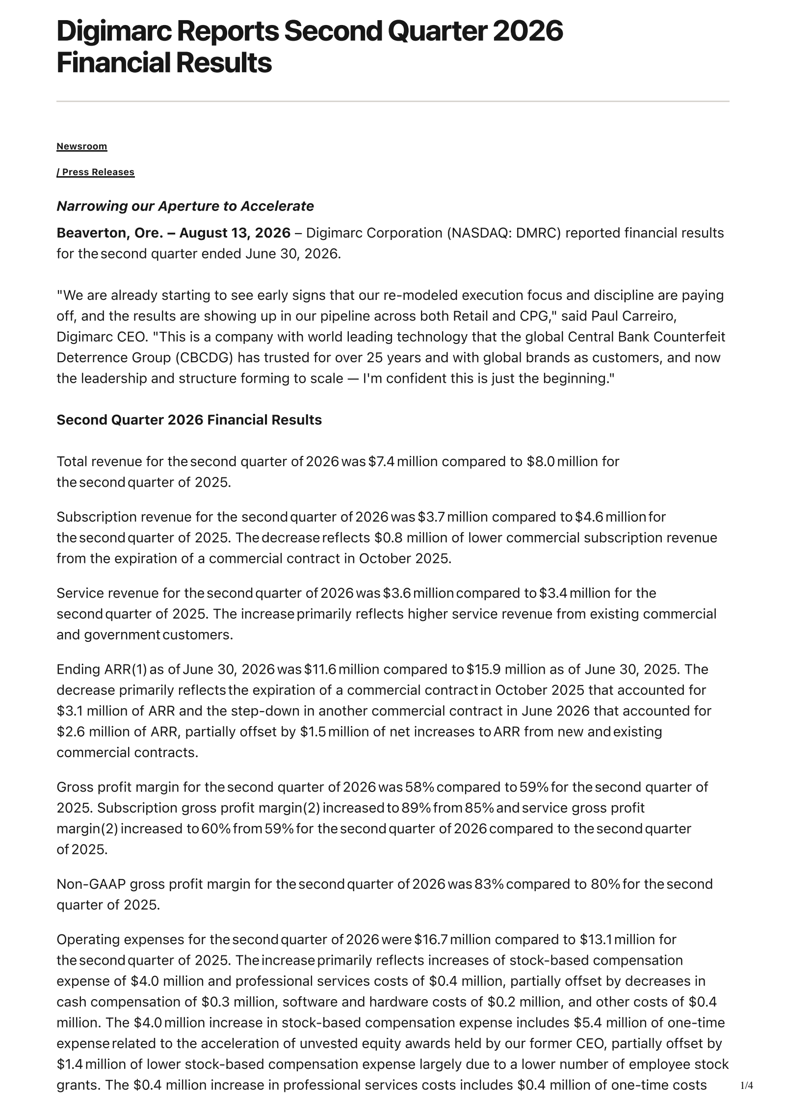 Digimarc's Q2 2026 Press Release