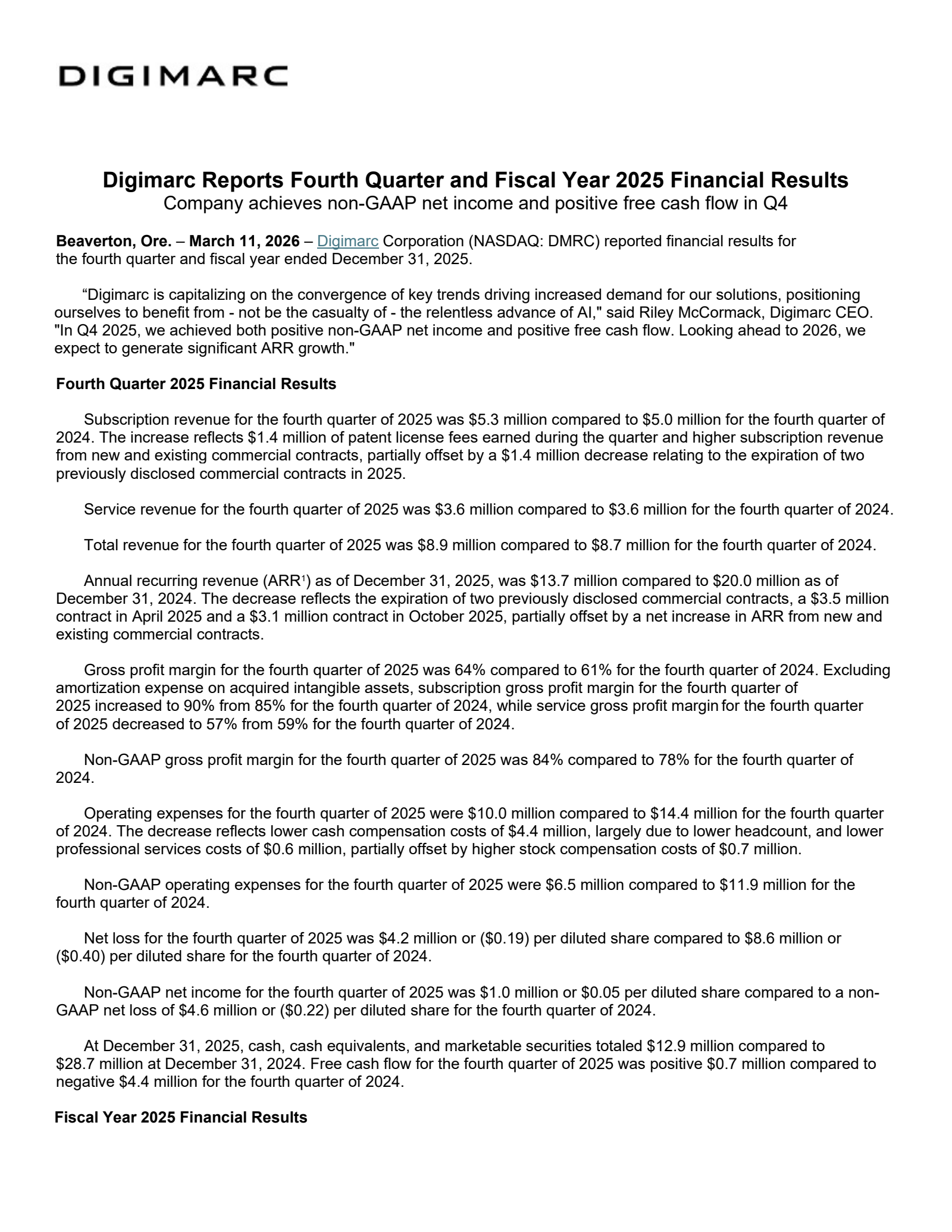 Digimarc's Q4 2025 Press Release