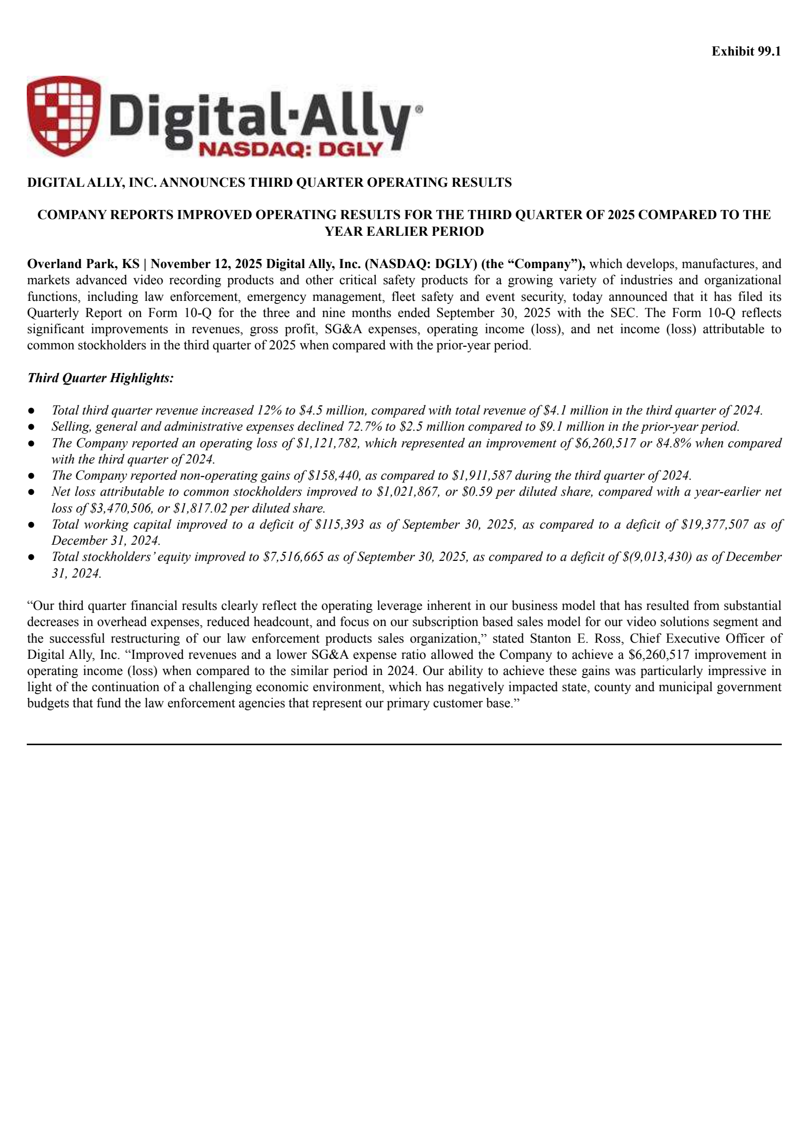 Digital Ally Inc./NV's Q3 2025 Earnings Release