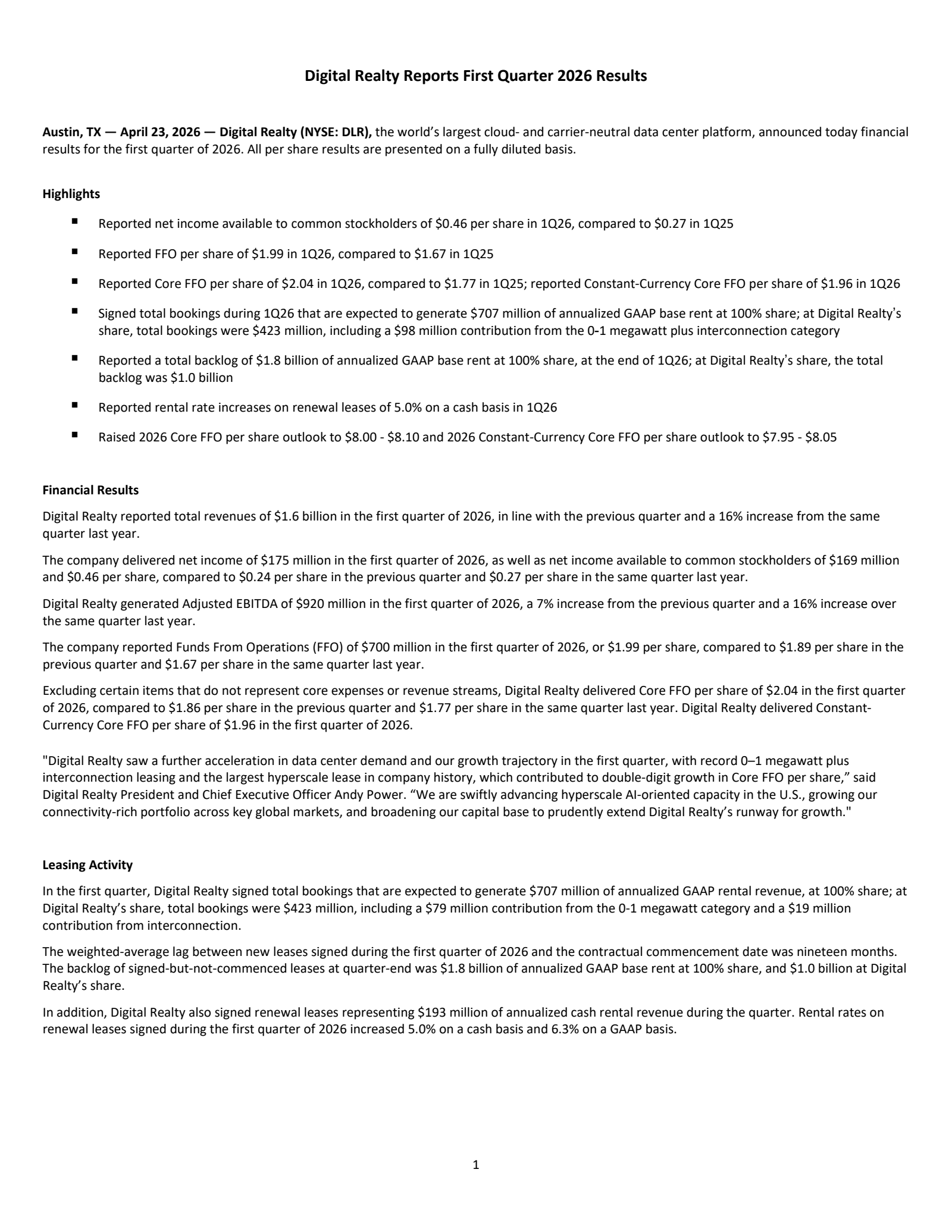Digital Realty Trust's Q1 2026 Press Release