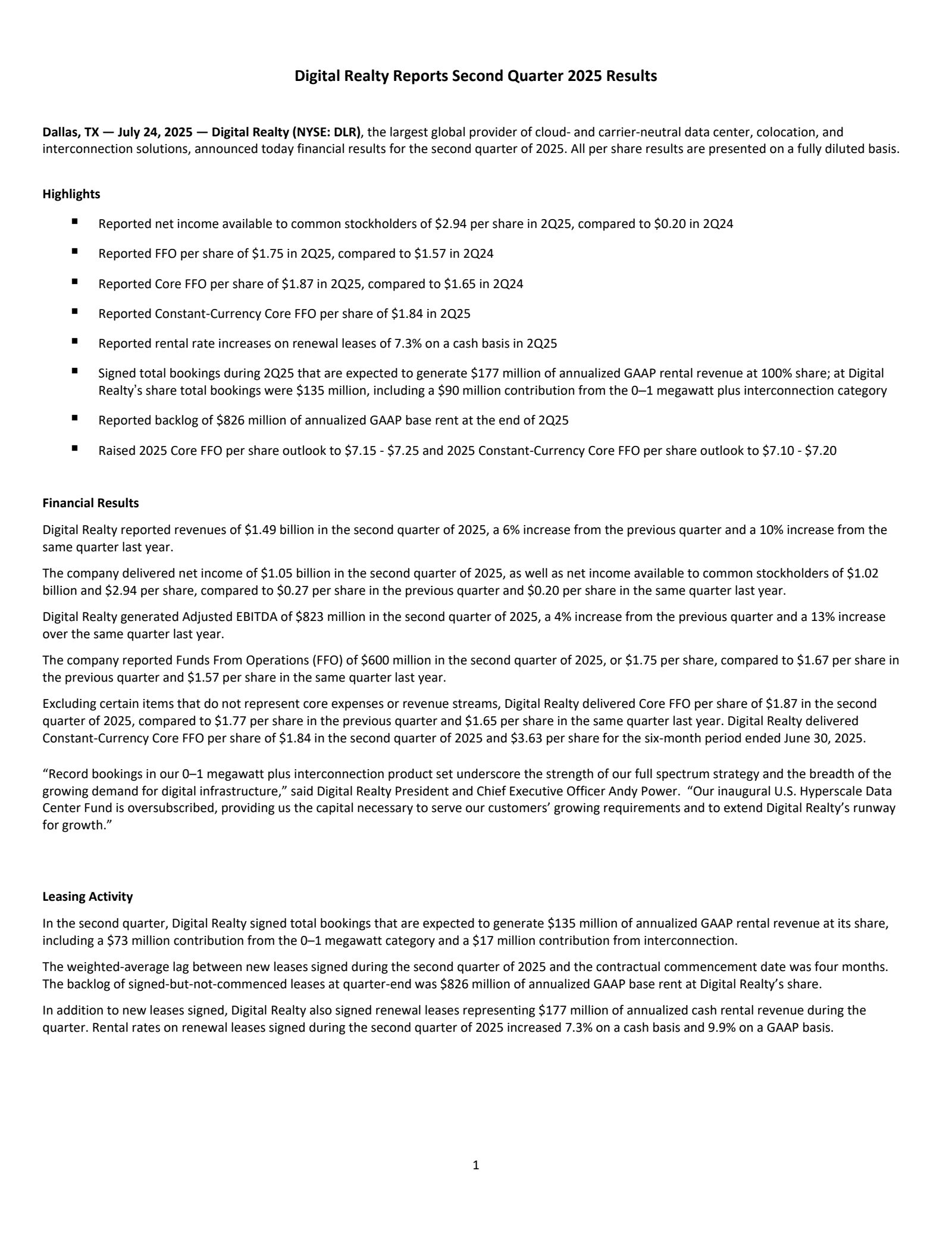 Digital Realty Trust's Q2 2025 Press Release