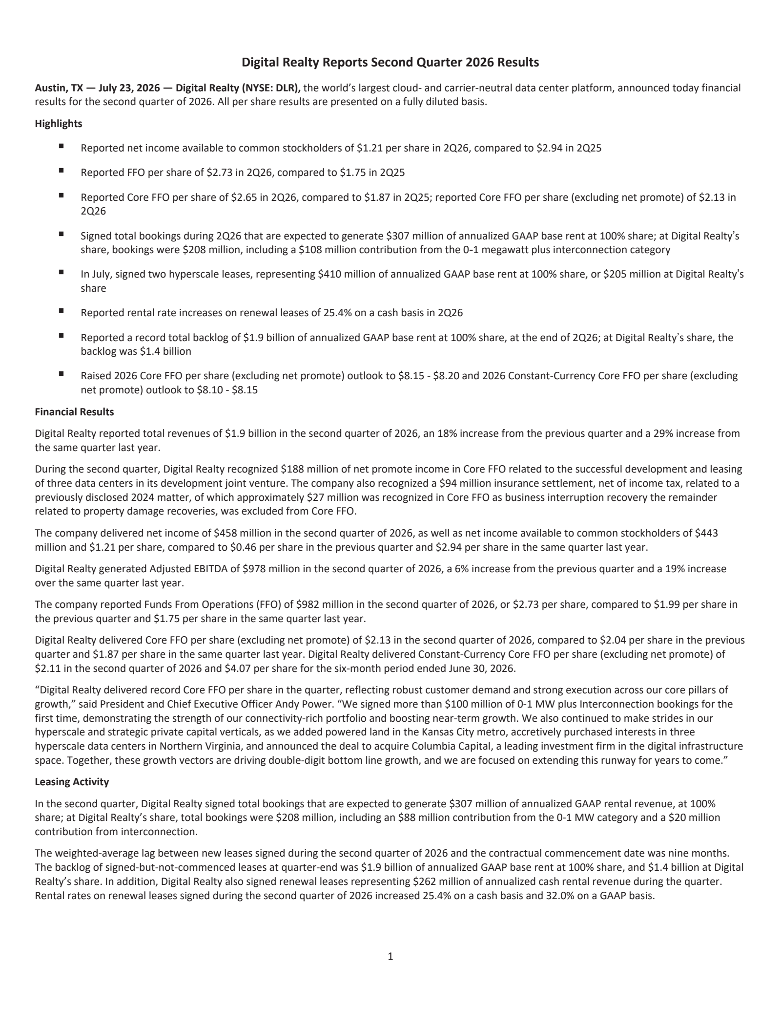 Digital Realty Trust's Q2 2026 Press Release