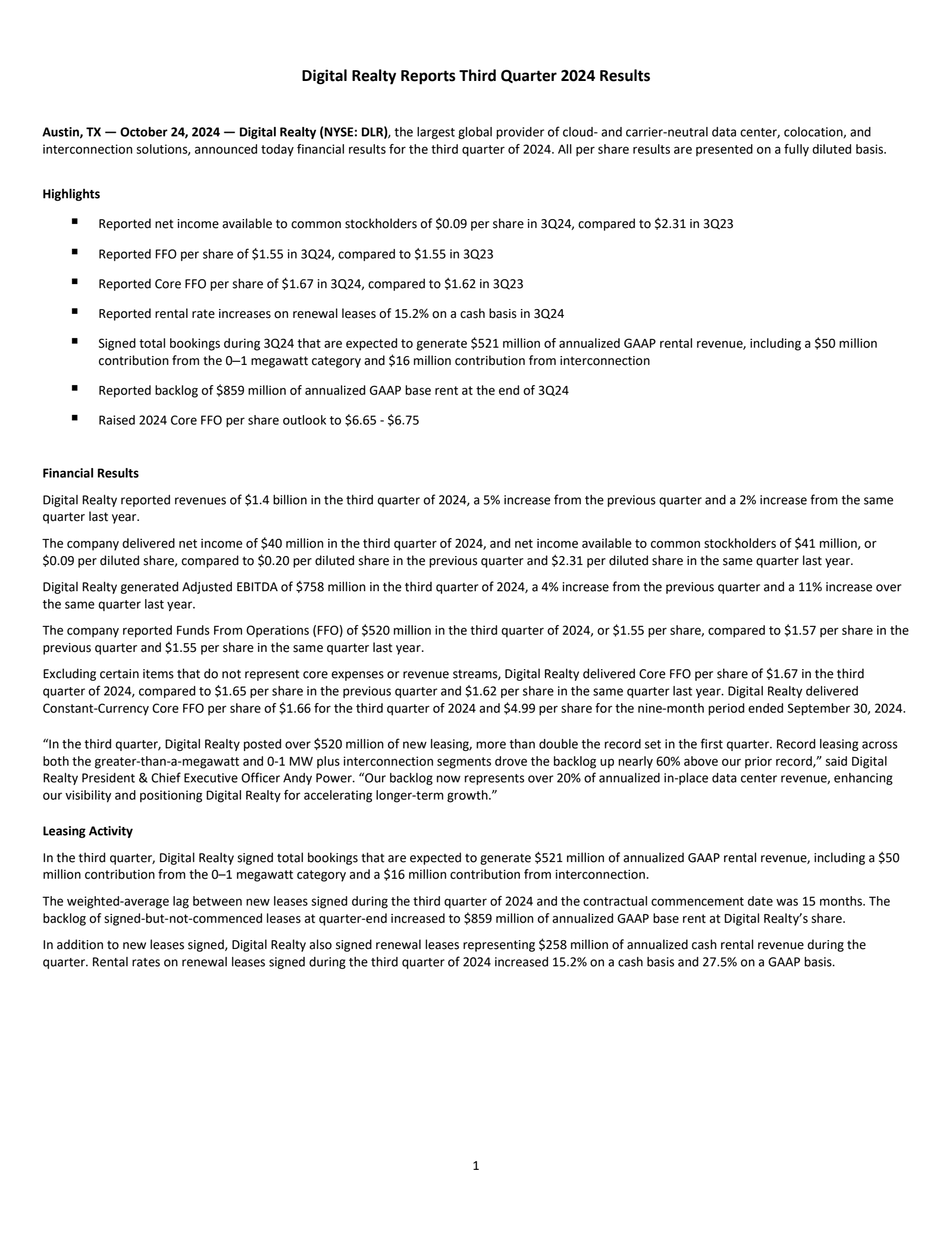 Digital Realty Trust's Q3 2024 Press Release