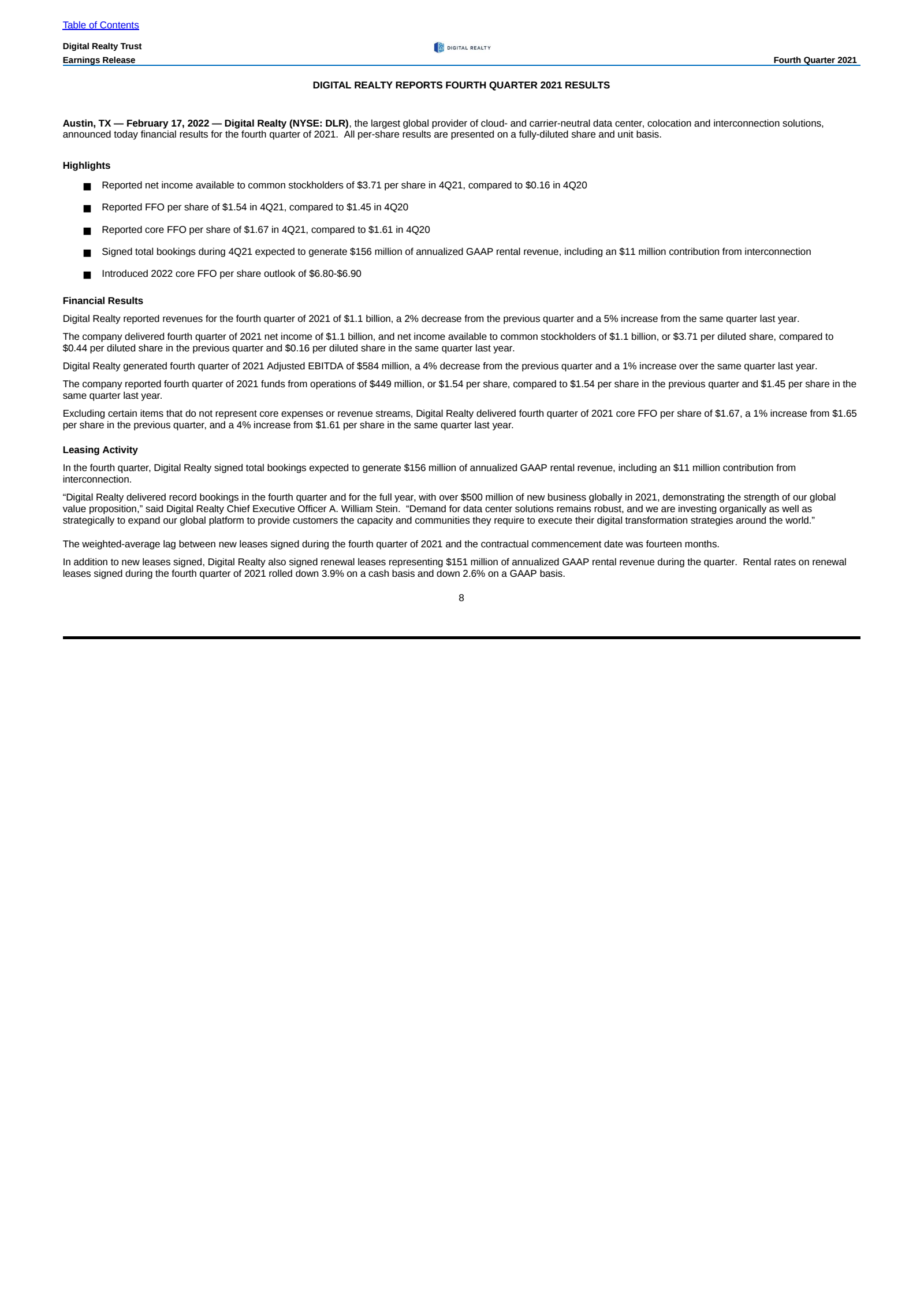 Digital Realty Trust's Q4 2021 Earnings Release