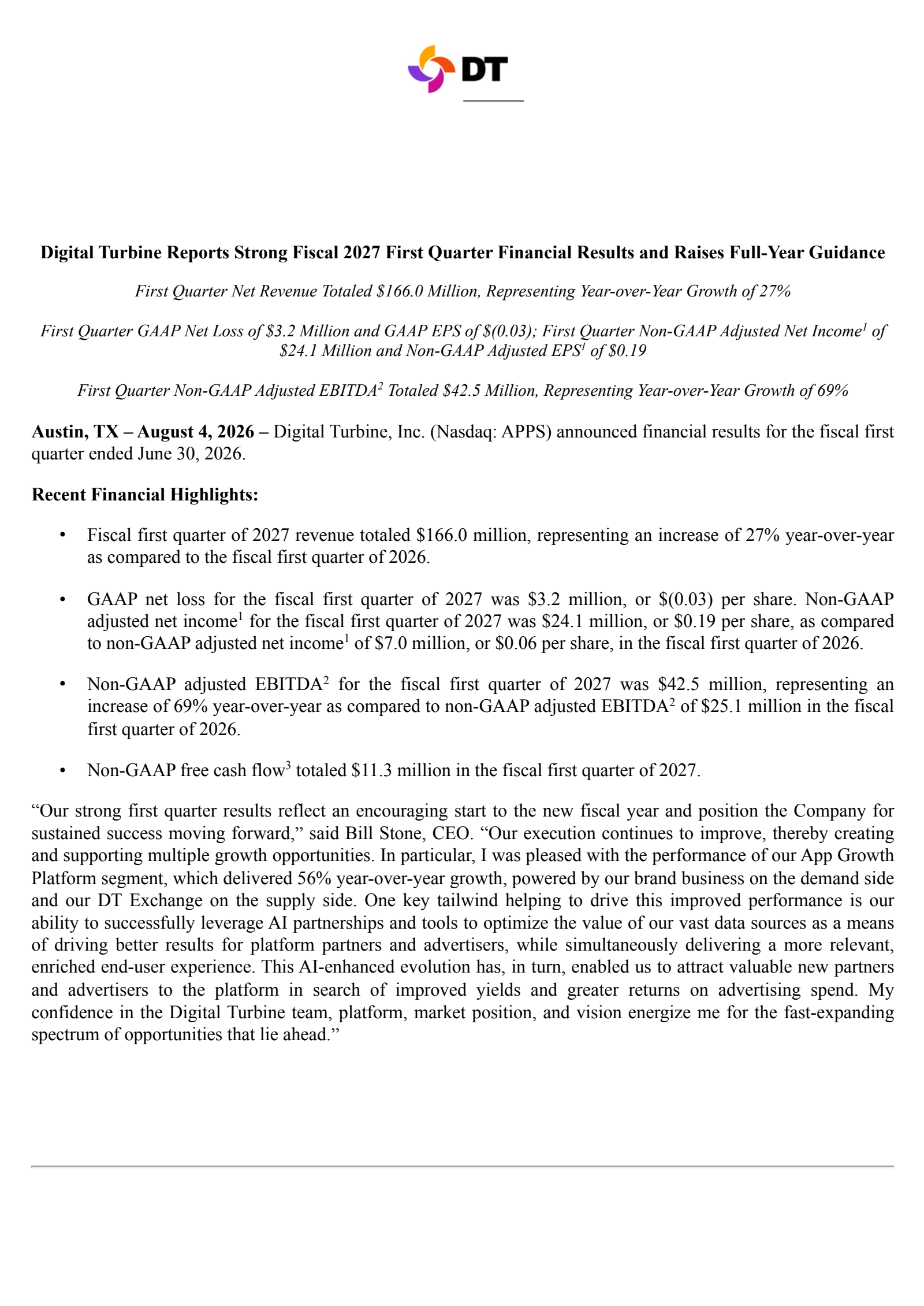 Digital Turbine's Q1 2027 Press Release