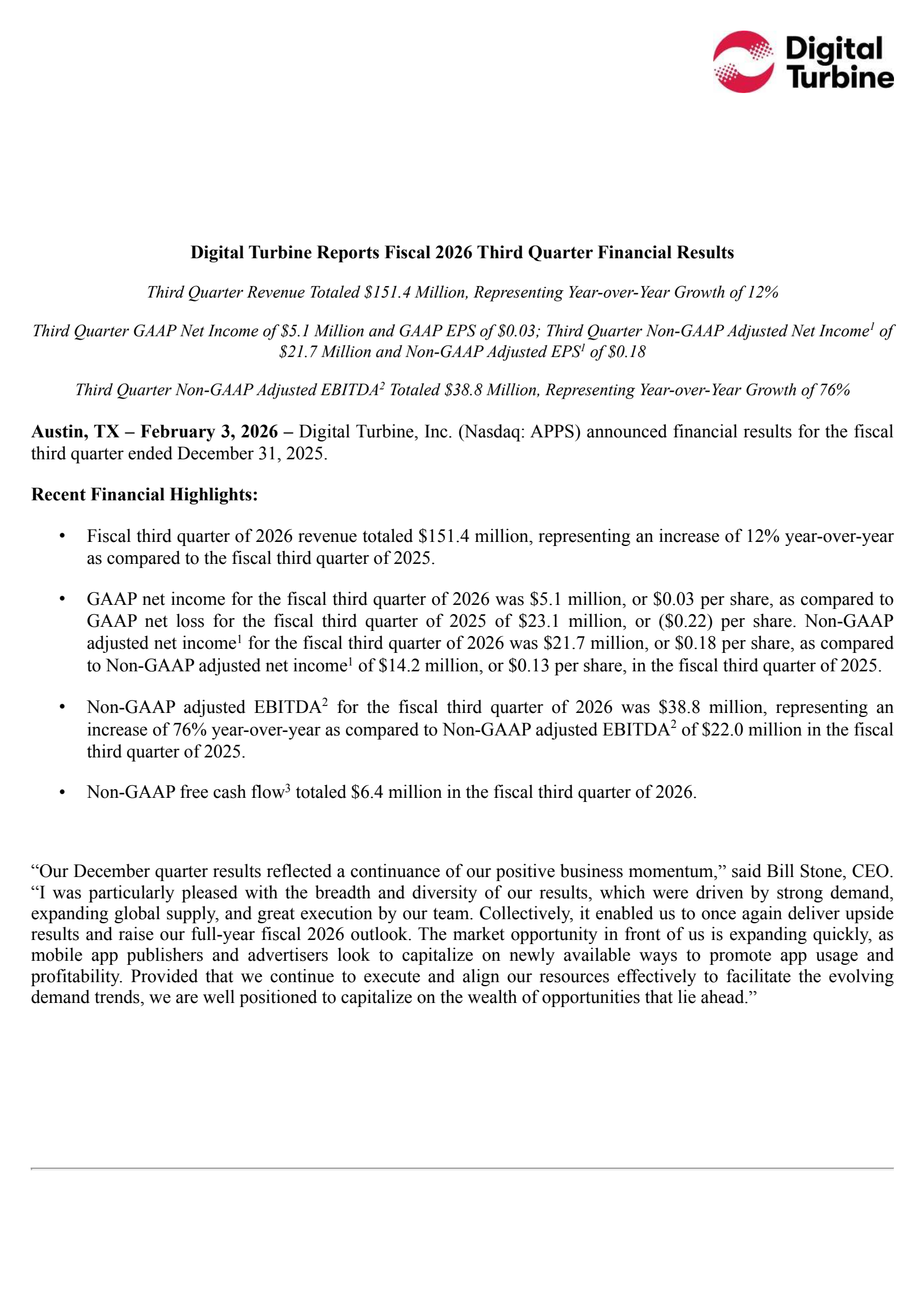 Digital Turbine's Q3 2026 Press Release