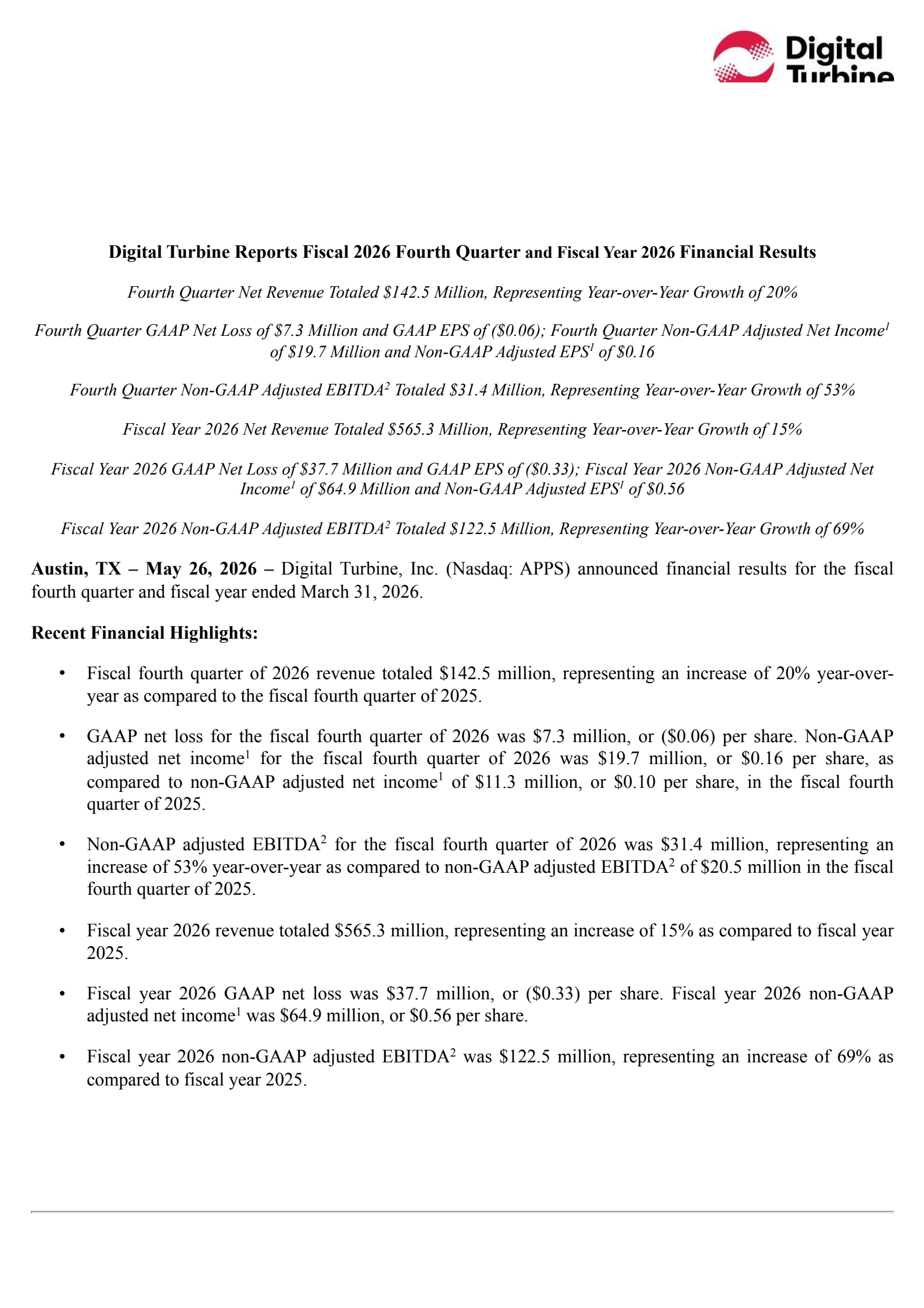 Digital Turbine's Q4 2026 Press Release
